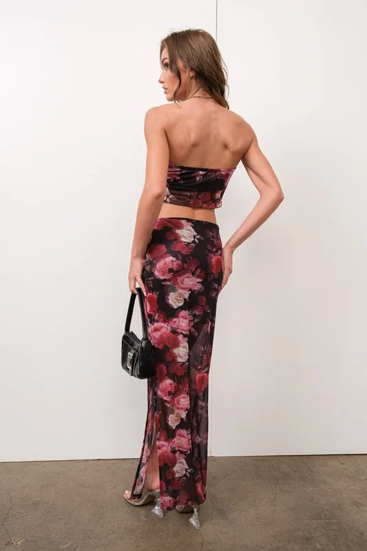 Floral Mesh Tube Top & Skirt Set