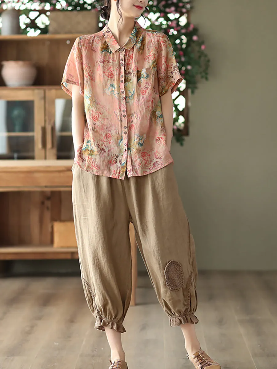 Floral Ramie Vintage Summer Women Loose Shirt