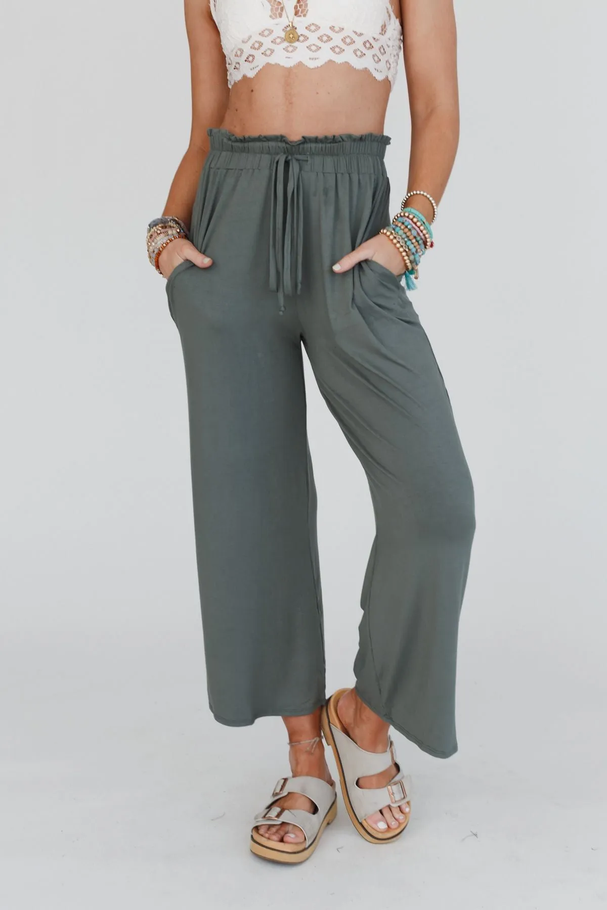 Forever Comfy Drawstring Wide Leg Pants - Light Olive