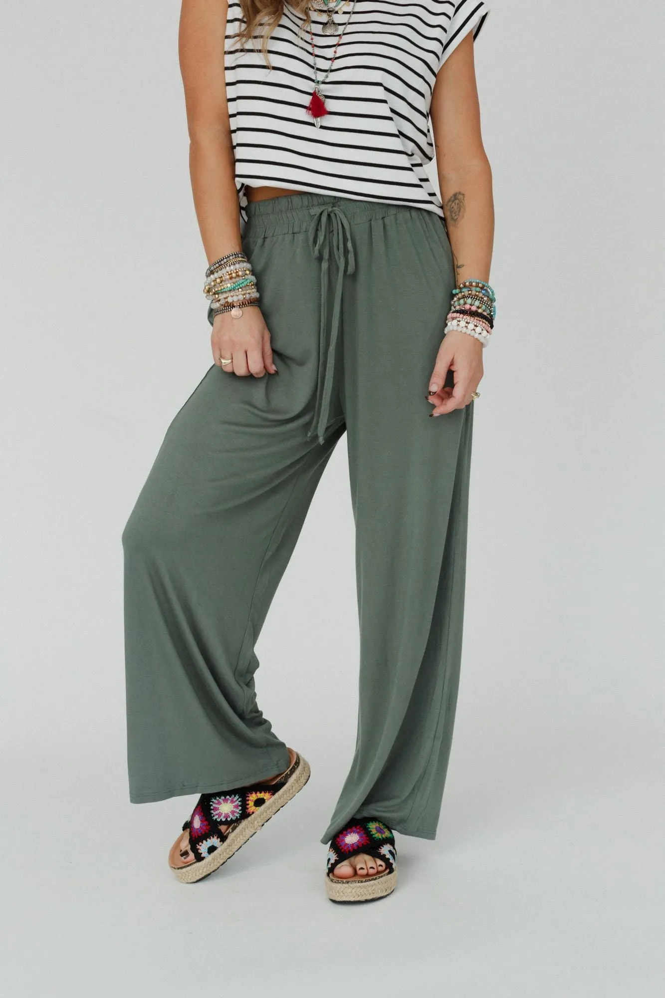 Forever Comfy Drawstring Wide Leg Pants - Light Olive