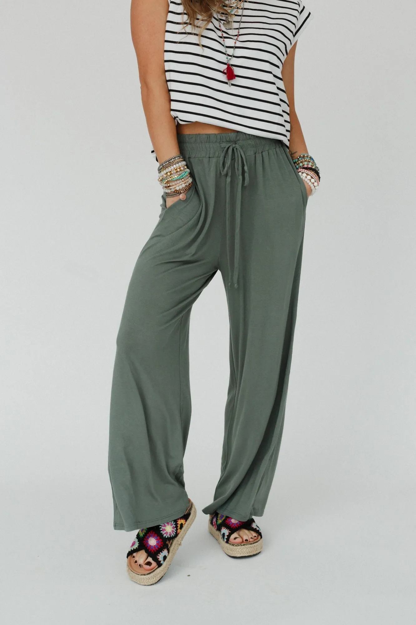 Forever Comfy Drawstring Wide Leg Pants - Light Olive