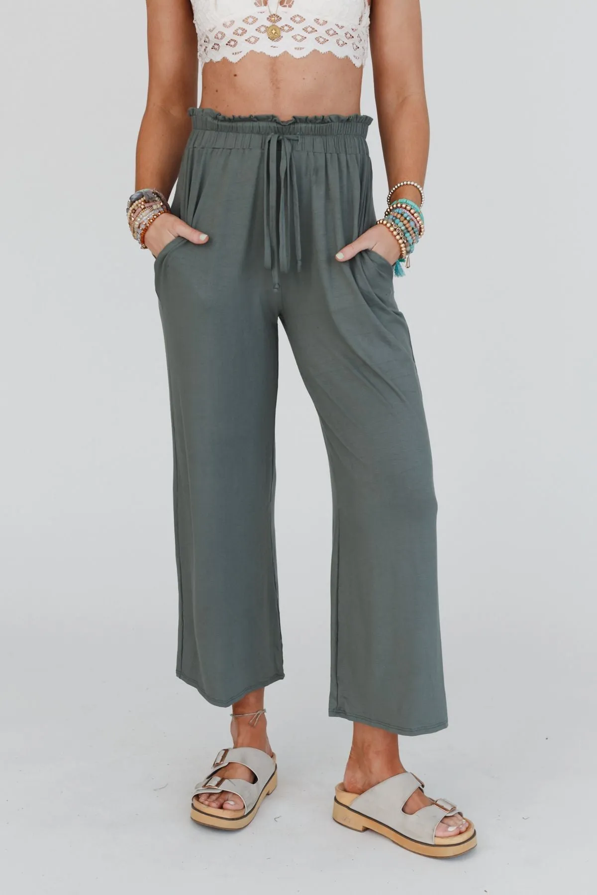 Forever Comfy Drawstring Wide Leg Pants - Light Olive