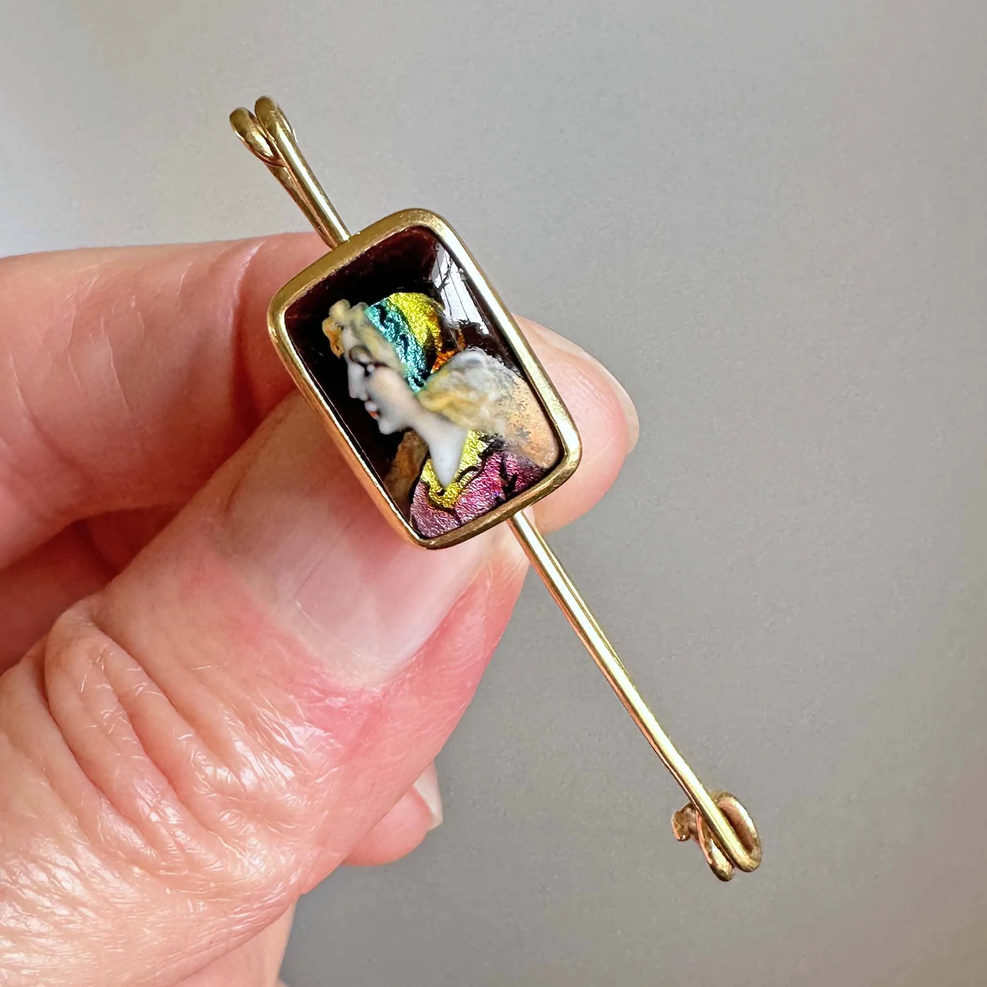 French Limoges Enamel Portrait Safety Pin Brooch in 14K Gold