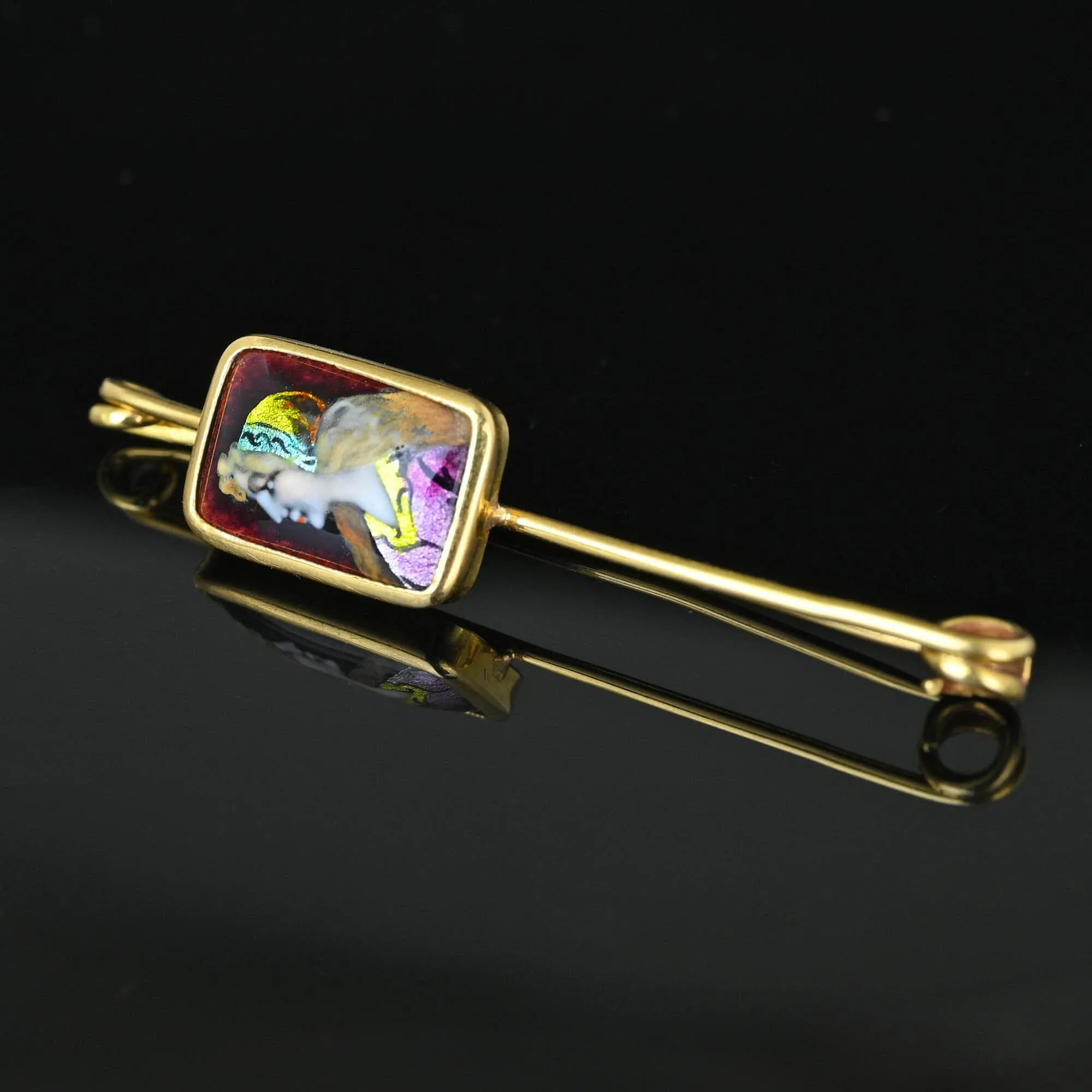 French Limoges Enamel Portrait Safety Pin Brooch in 14K Gold