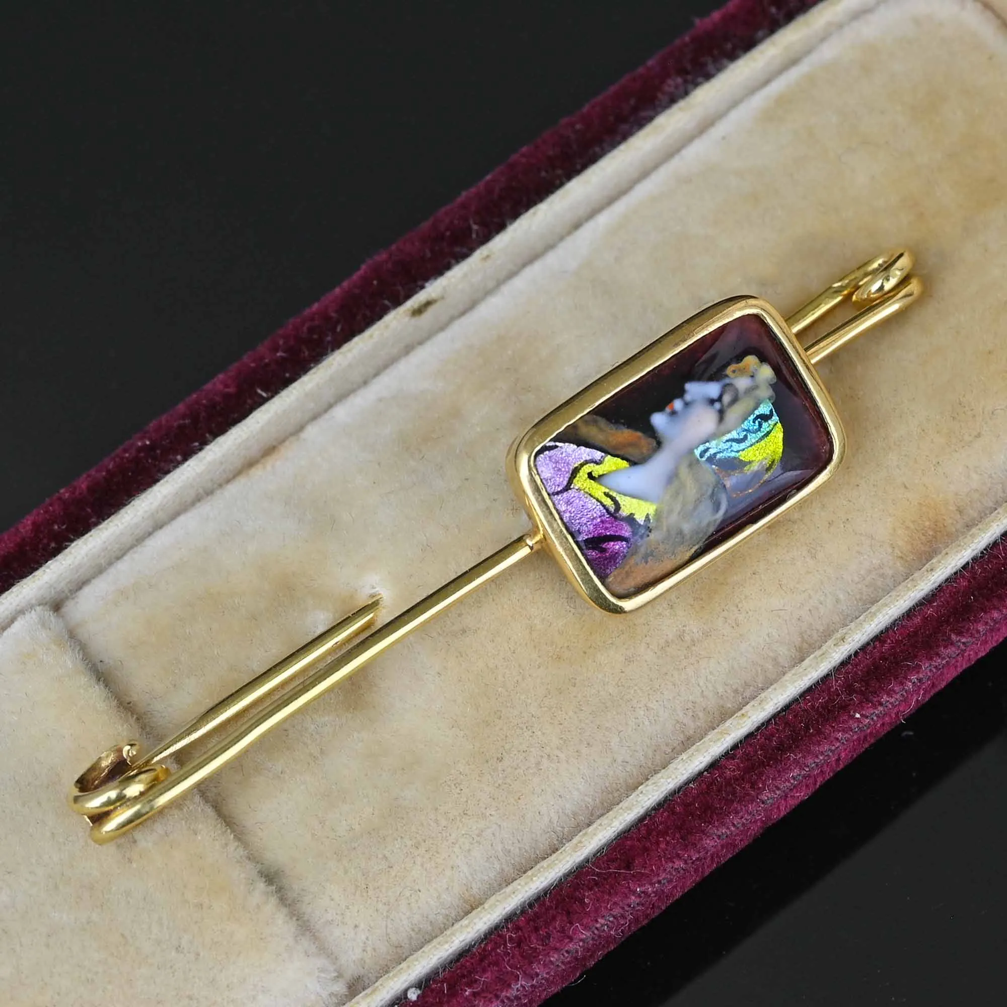 French Limoges Enamel Portrait Safety Pin Brooch in 14K Gold