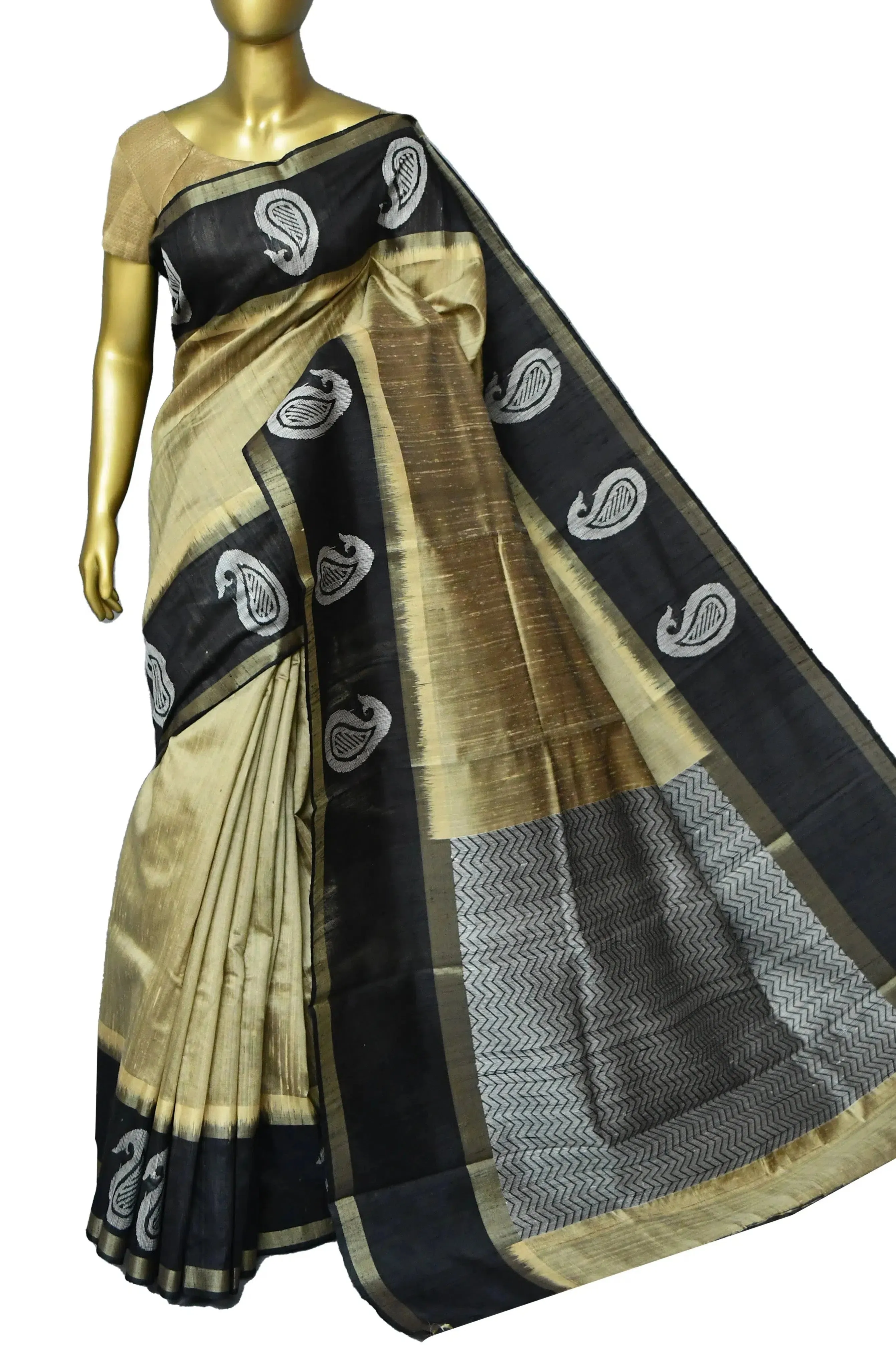 Golden and Black Color Pure Raw Silk Saree