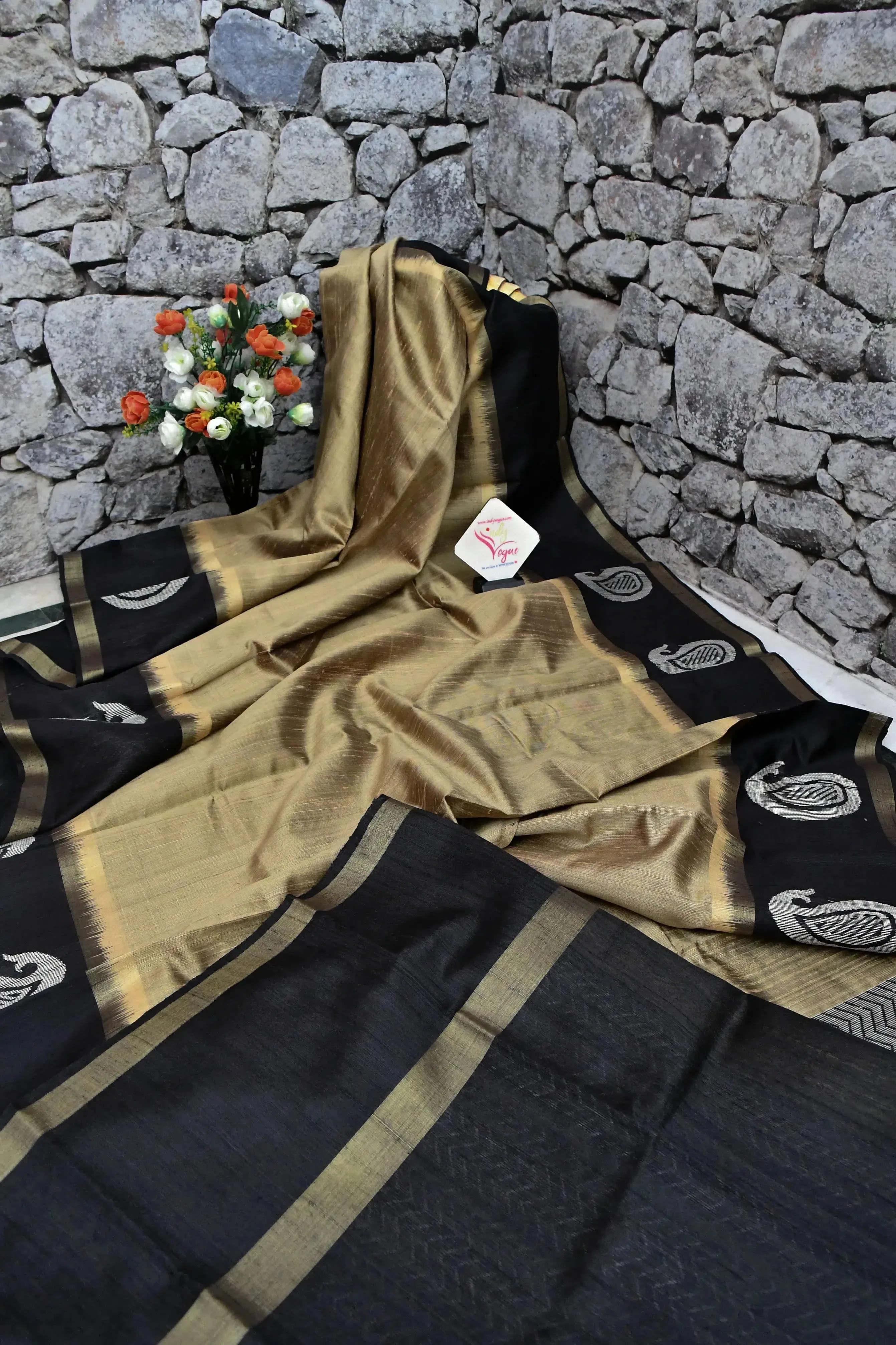 Golden and Black Color Pure Raw Silk Saree