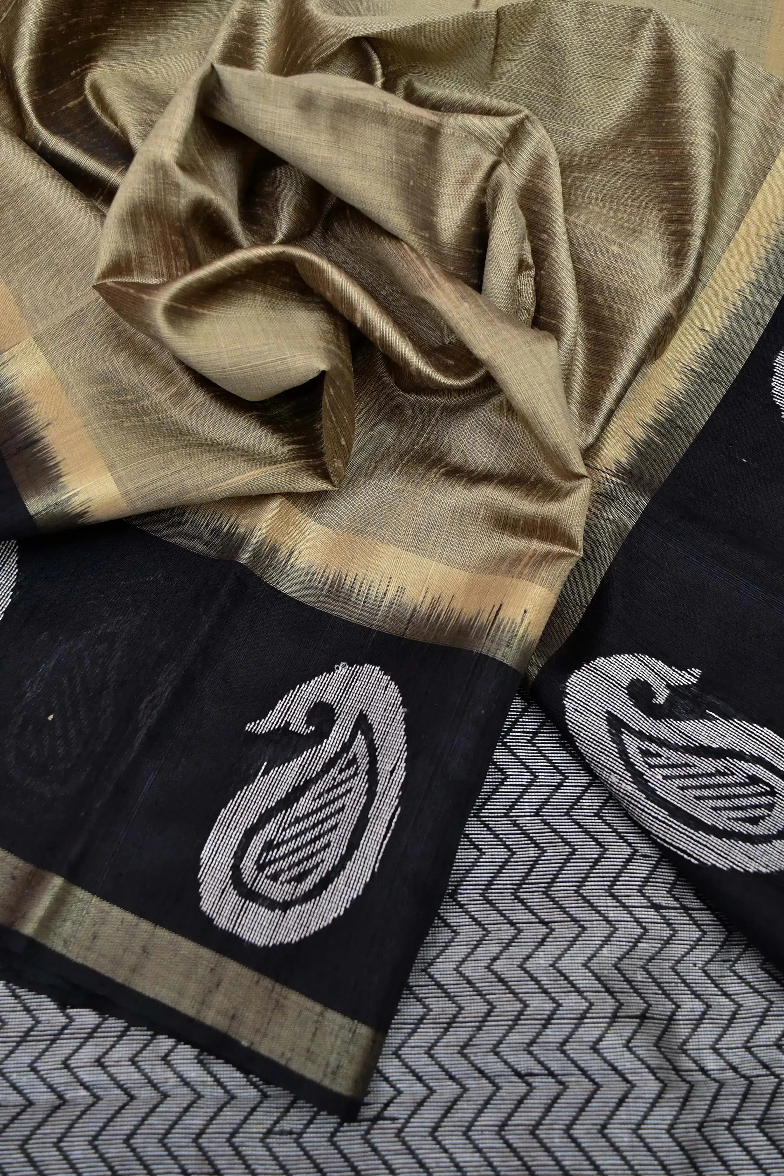 Golden and Black Color Pure Raw Silk Saree