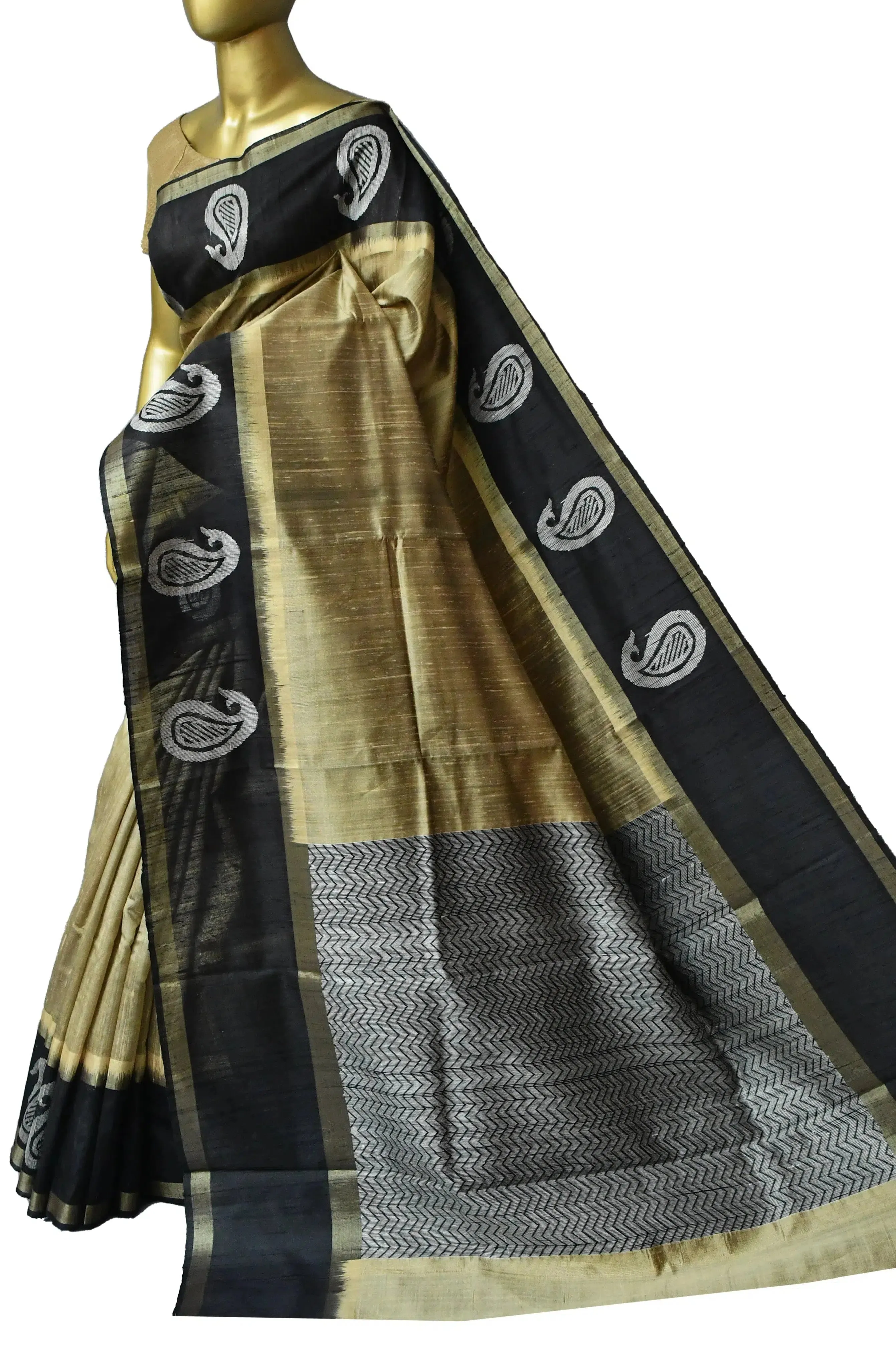 Golden and Black Color Pure Raw Silk Saree