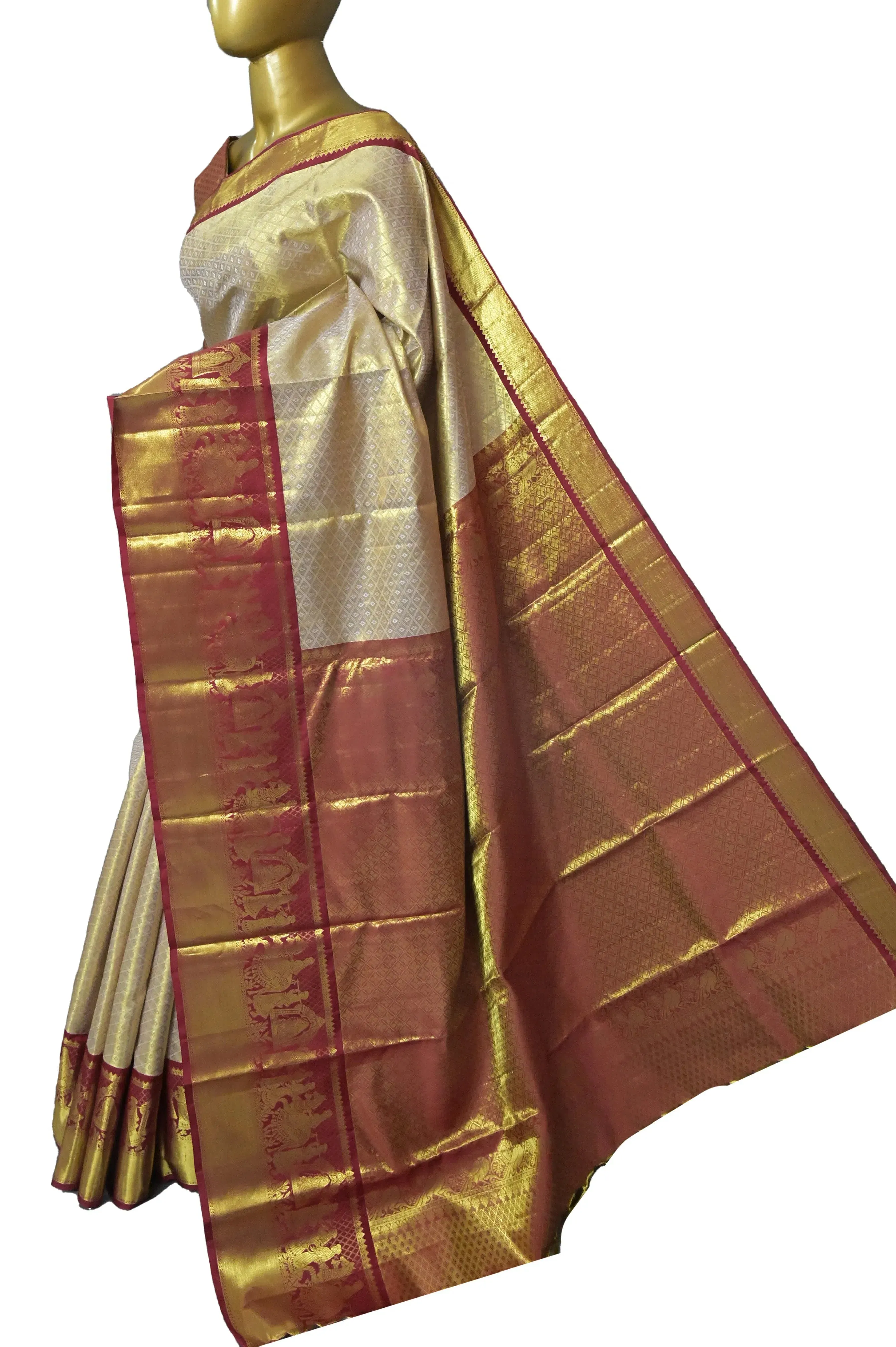 Golden and Deep Merron Color Tissue Brocade Kanjeevaram Silk Saree with Self-Weaving