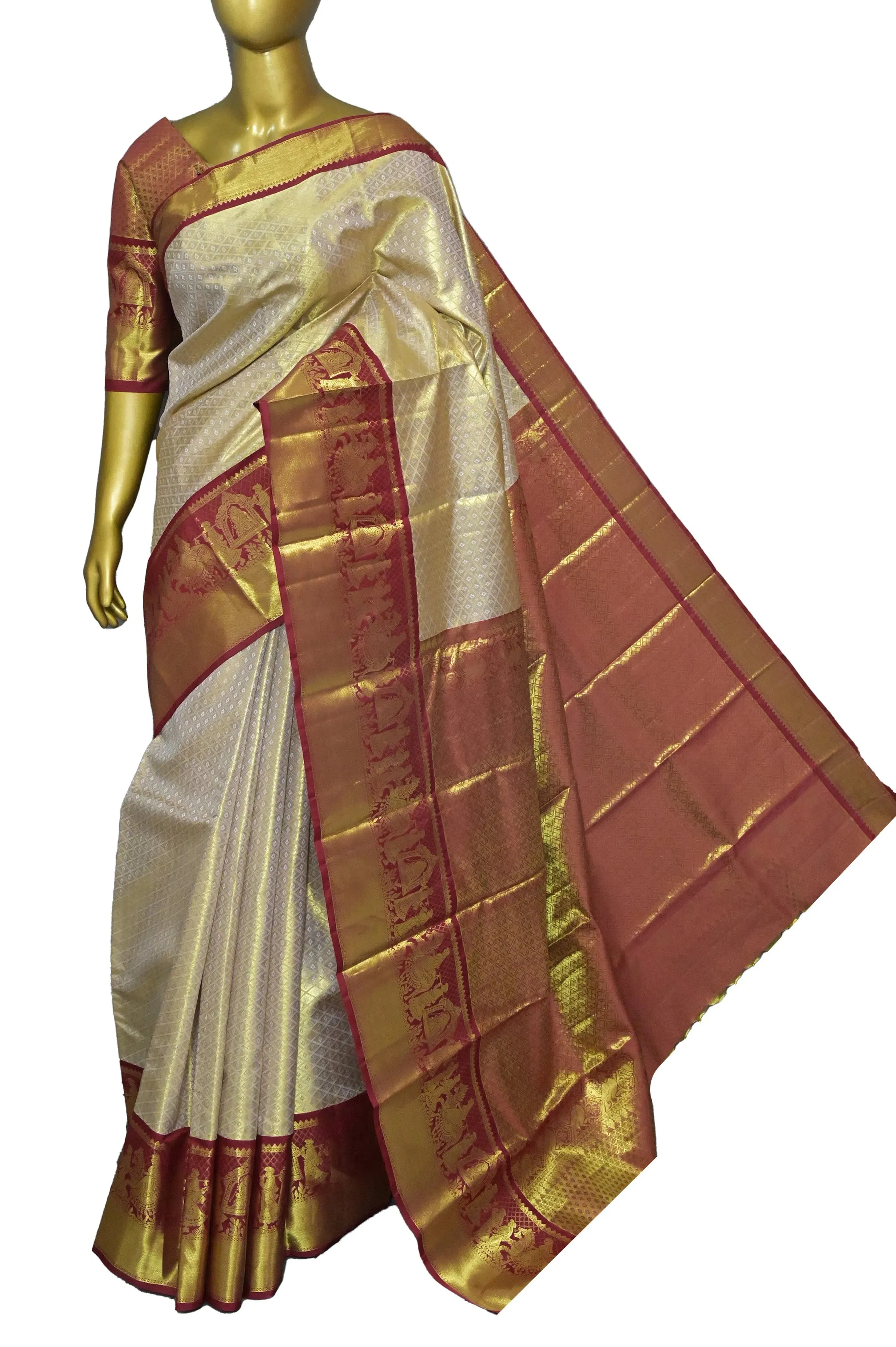 Golden and Deep Merron Color Tissue Brocade Kanjeevaram Silk Saree with Self-Weaving