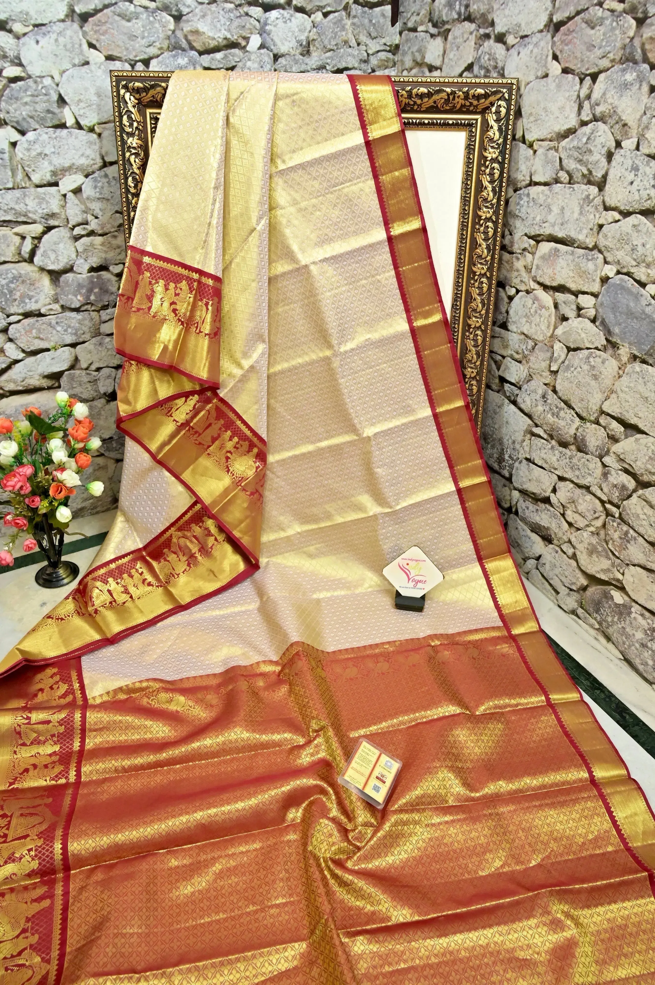 Golden and Deep Merron Color Tissue Brocade Kanjeevaram Silk Saree with Self-Weaving