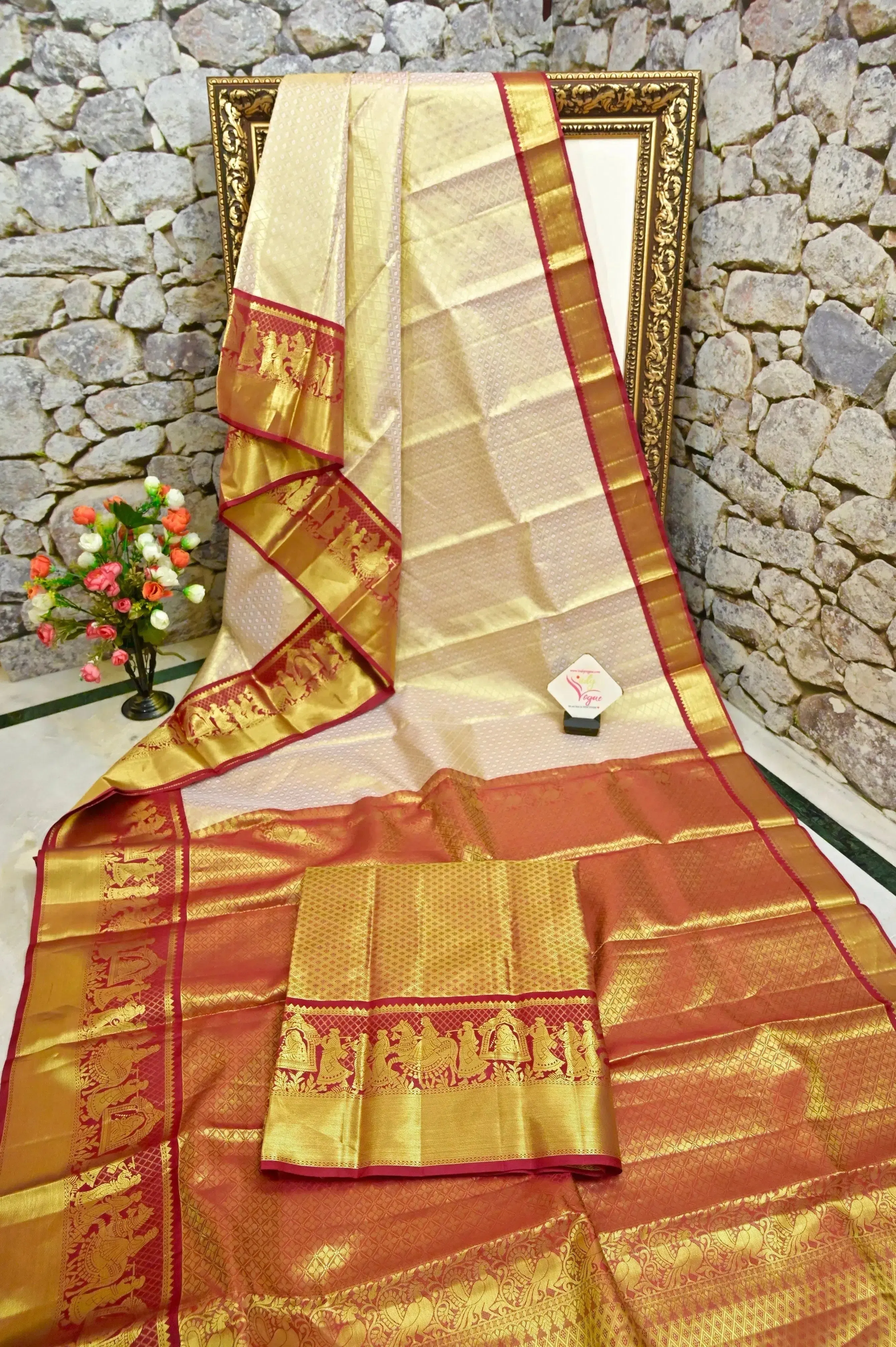 Golden and Deep Merron Color Tissue Brocade Kanjeevaram Silk Saree with Self-Weaving