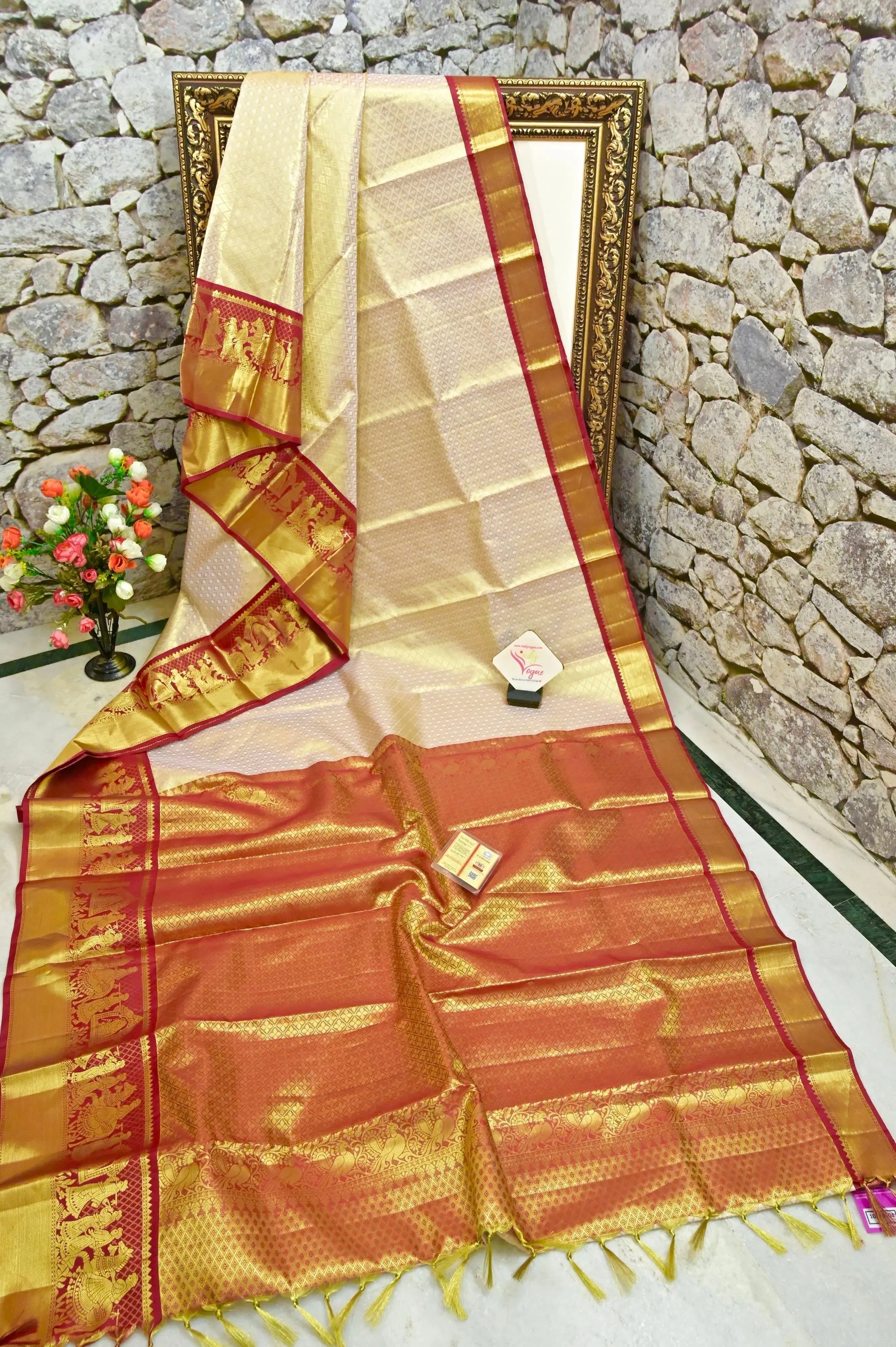 Golden and Deep Merron Color Tissue Brocade Kanjeevaram Silk Saree with Self-Weaving