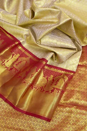 Golden and Deep Merron Color Tissue Brocade Kanjeevaram Silk Saree with Self-Weaving