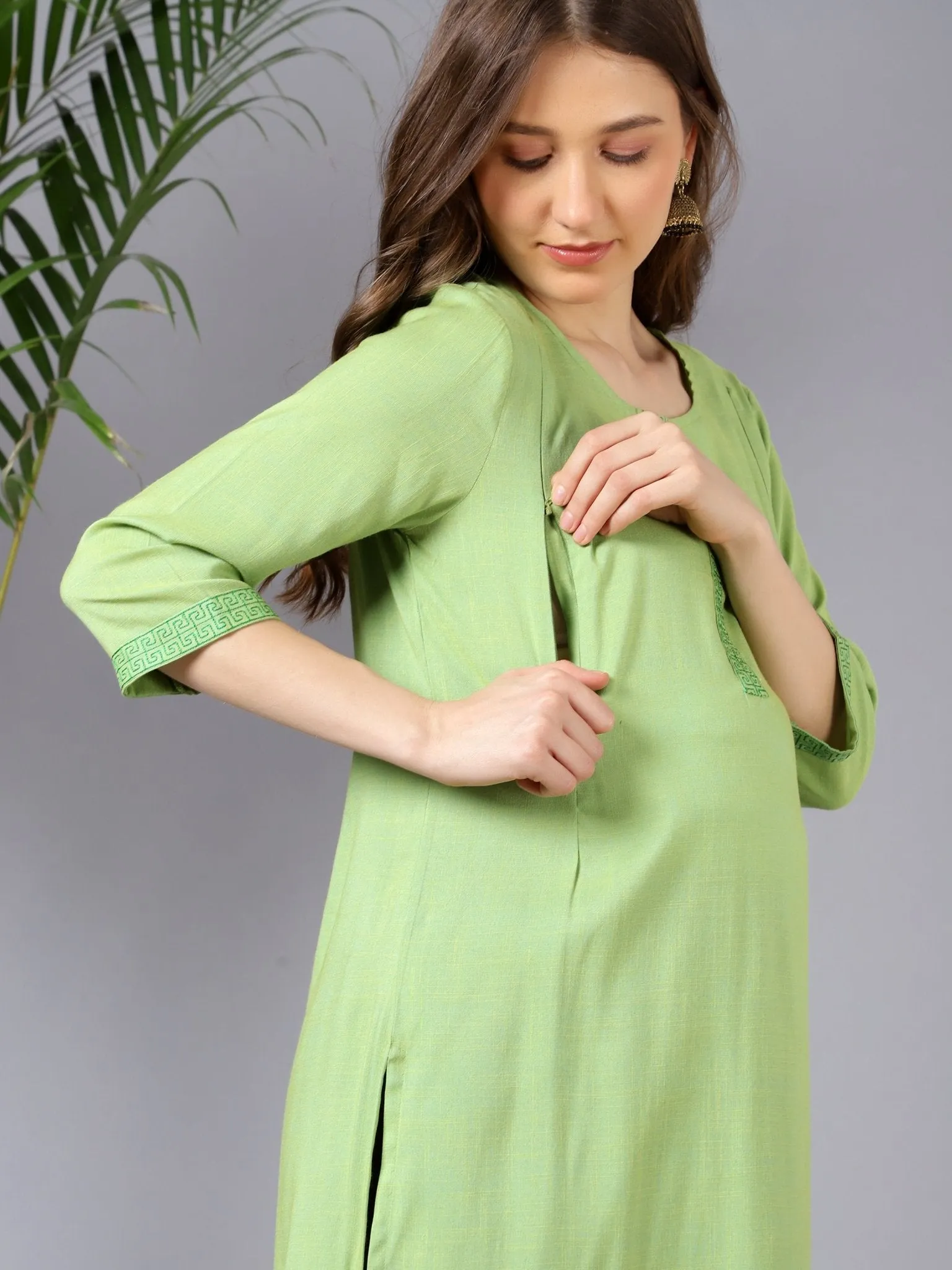 Green Two Tone Embellished Feeding Kurti