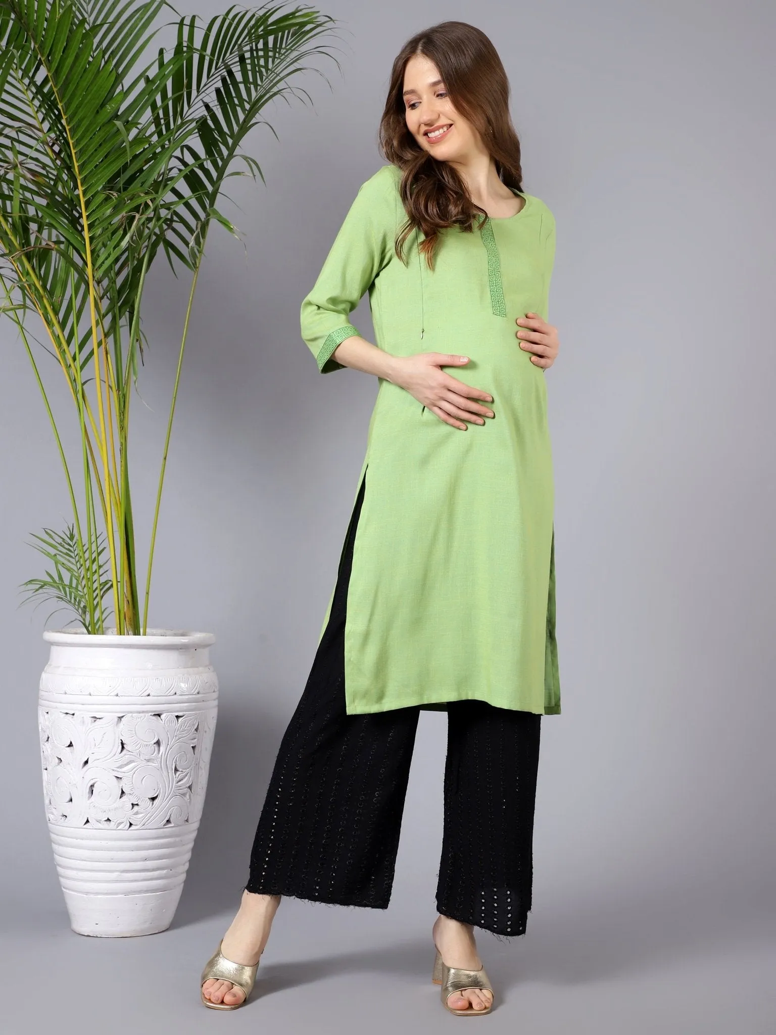 Green Two Tone Embellished Feeding Kurti