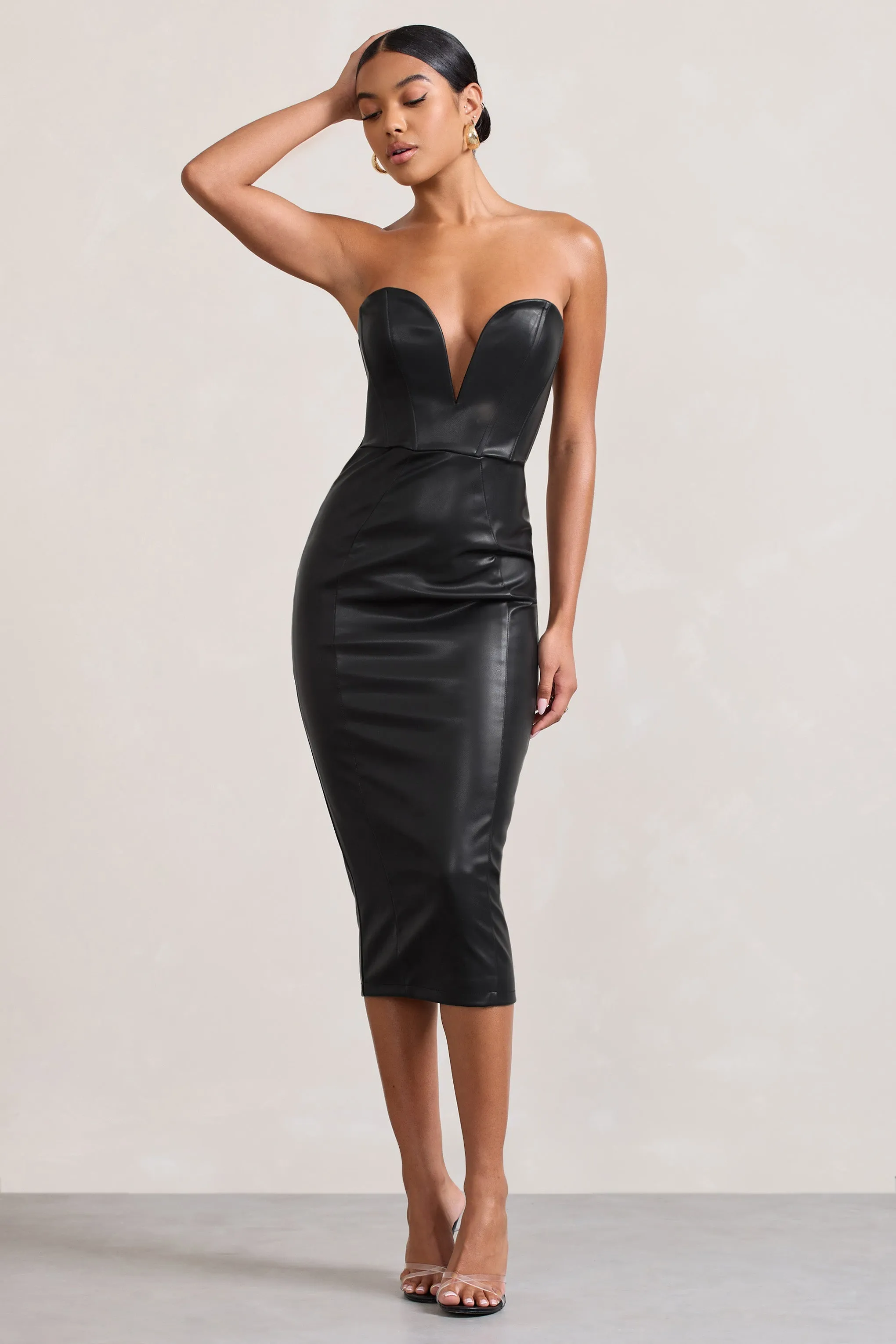 Hailey | Black Faux Leather Strapless Sweetheart Corset Midi Dress