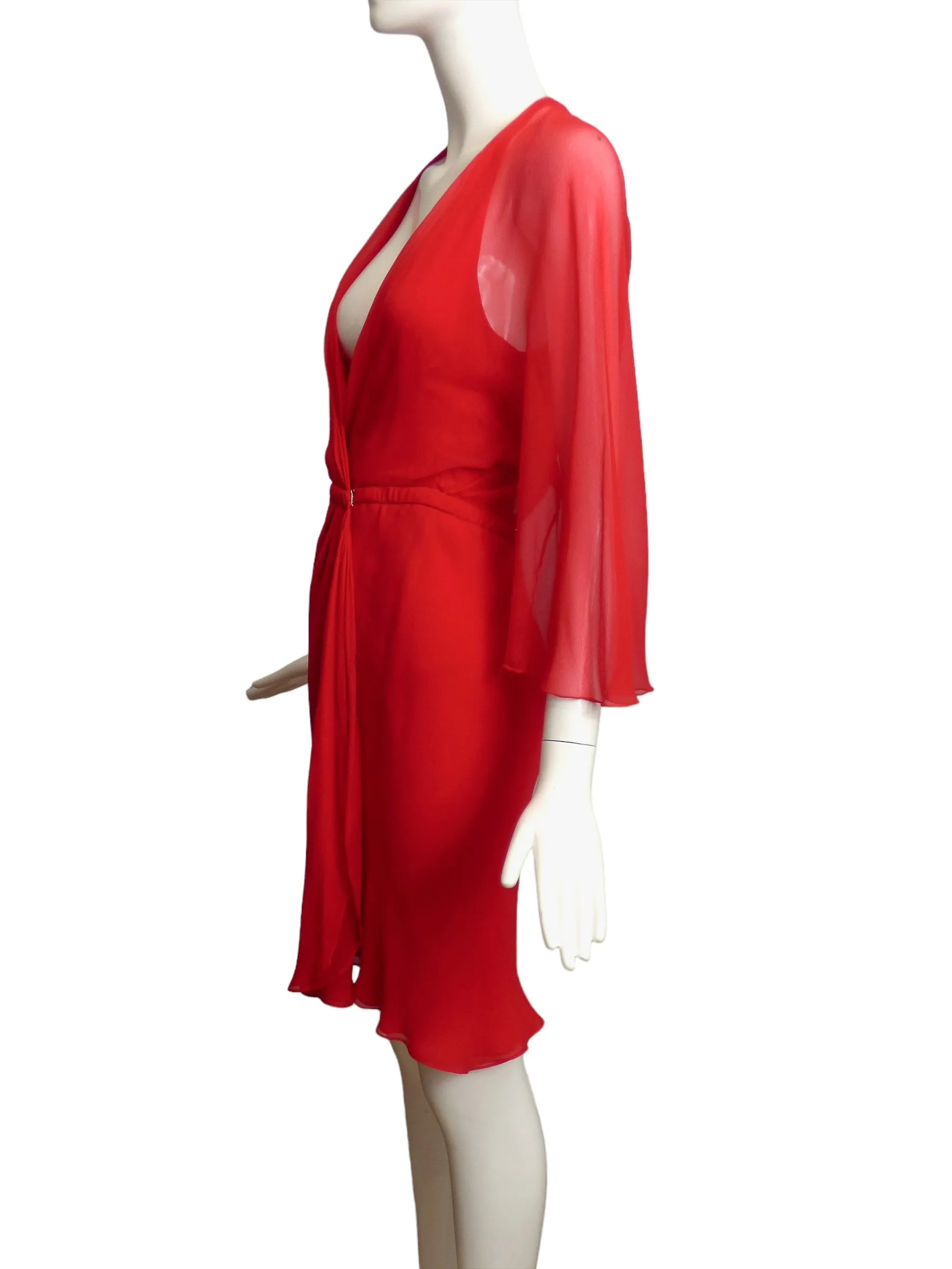 HALSTON- AS IS 1970s Red Chiffon Wrap Dress, Size-6