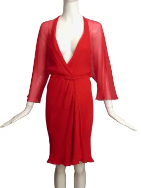 HALSTON- AS IS 1970s Red Chiffon Wrap Dress, Size-6