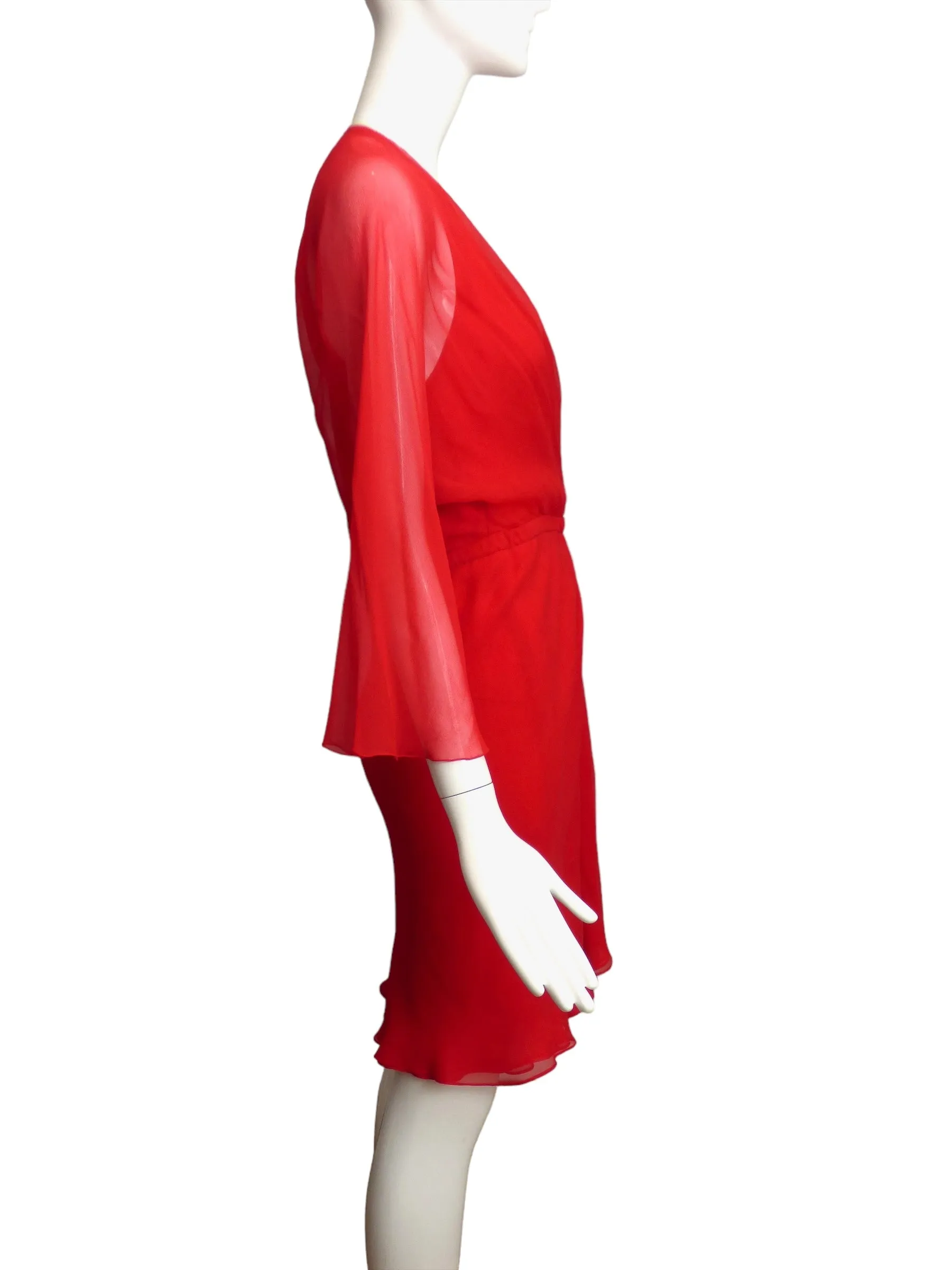 HALSTON- AS IS 1970s Red Chiffon Wrap Dress, Size-6