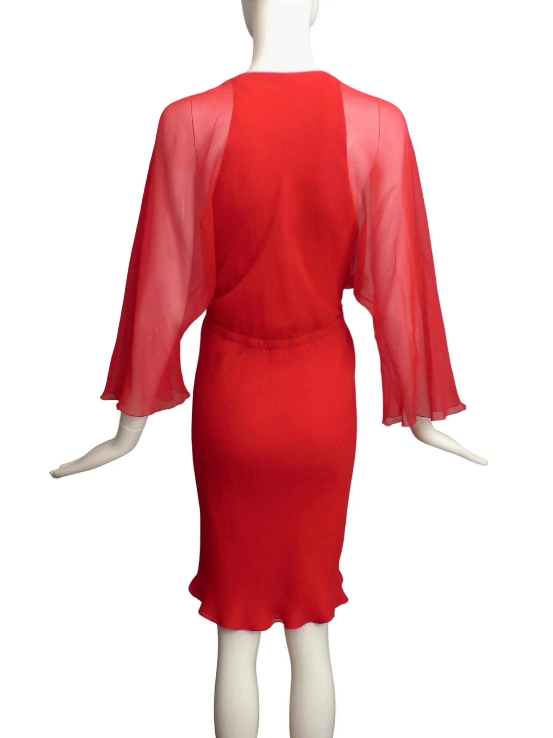 HALSTON- AS IS 1970s Red Chiffon Wrap Dress, Size-6