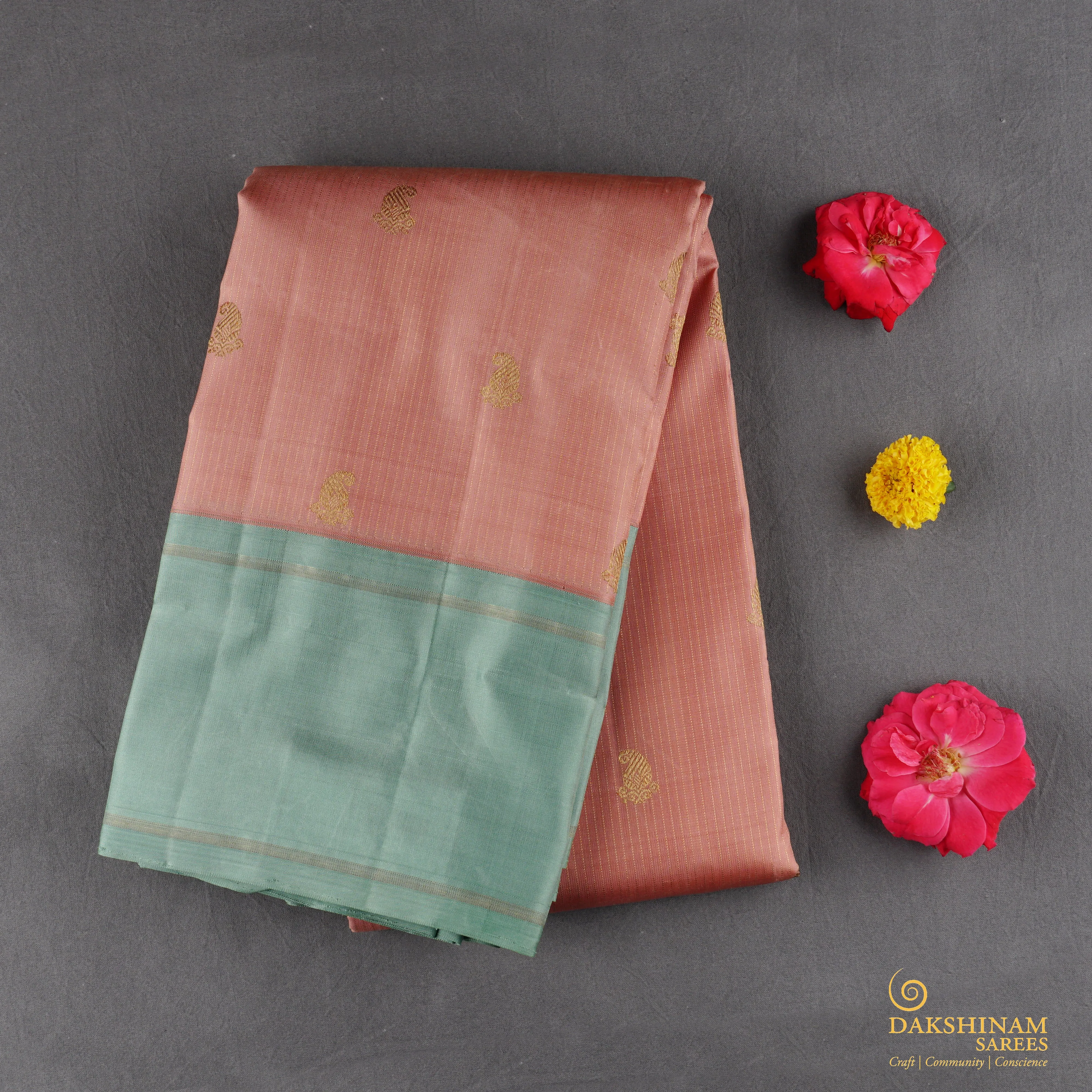 Handwoven Peach and Green Kanjivaram Silk Saree - 1859T005877DSC