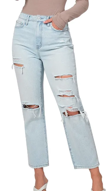 High Rise Distressed Crop Straight Jeans