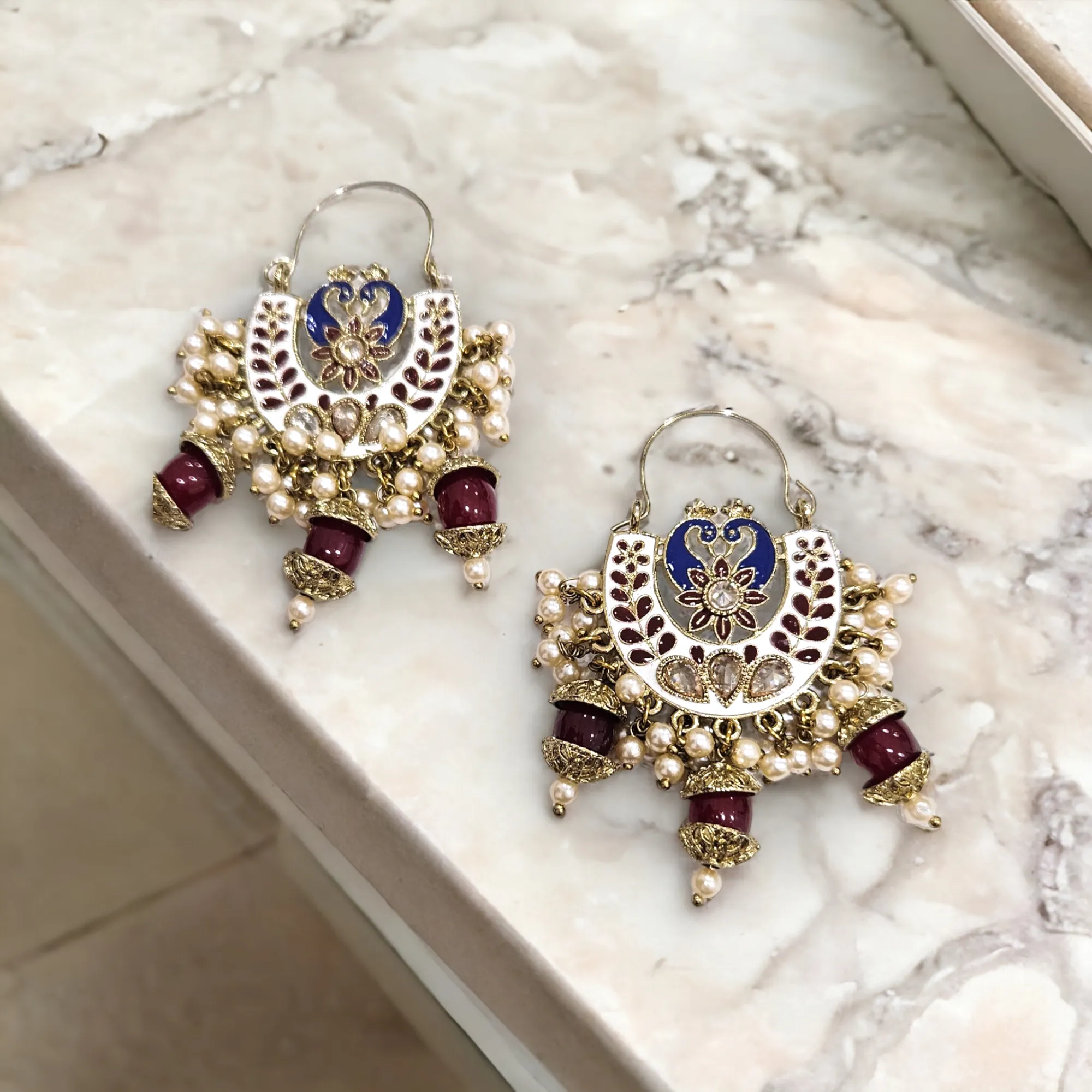 Hoop Styled meenakari Jhumka with peacock design-Maroon