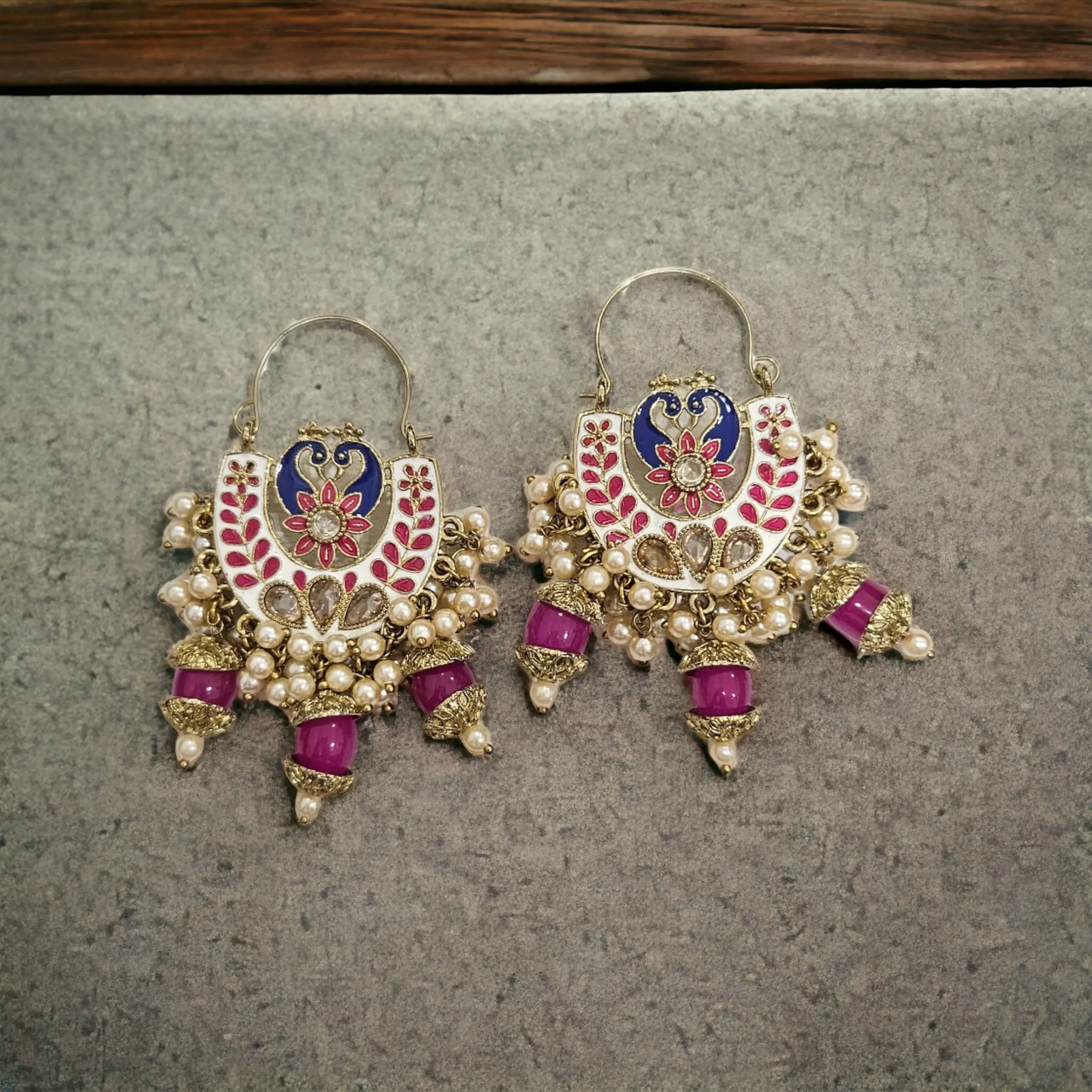 Hoop Styled meenakari Jhumka with peacock design-Maroon