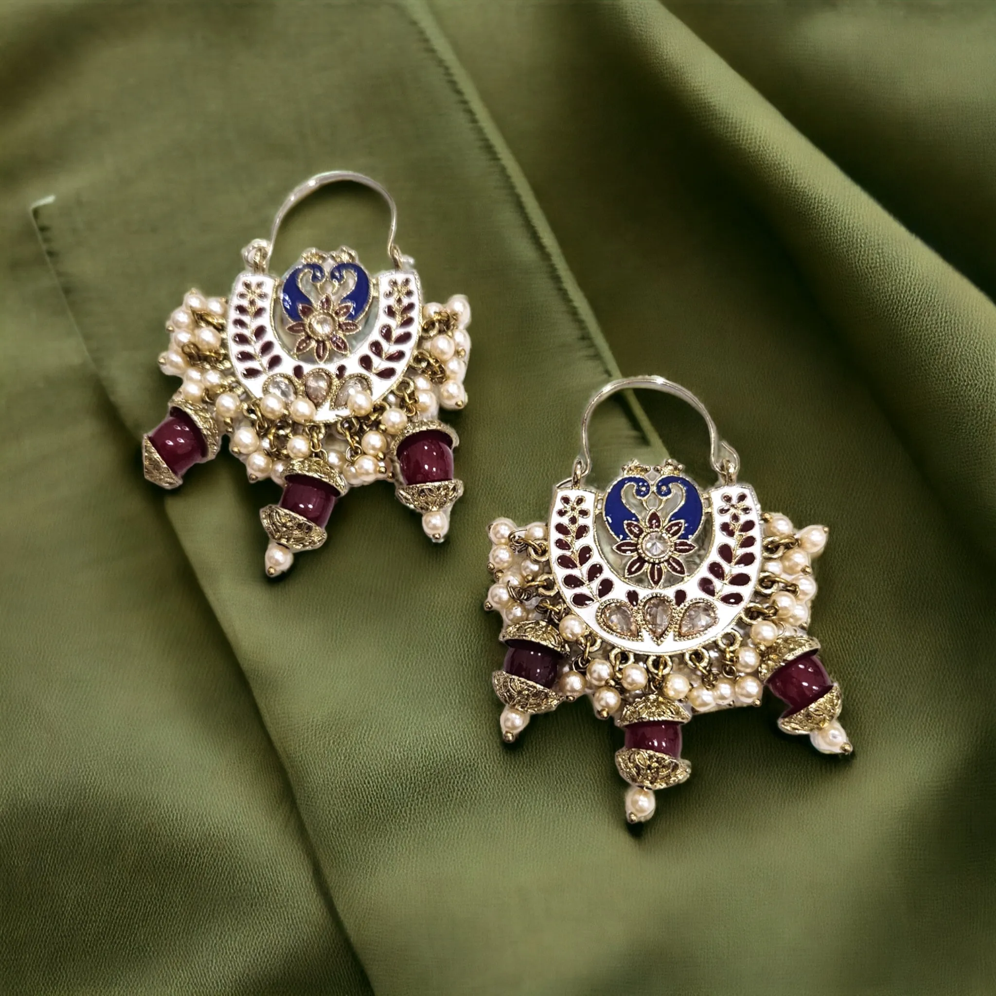 Hoop Styled meenakari Jhumka with peacock design-Maroon