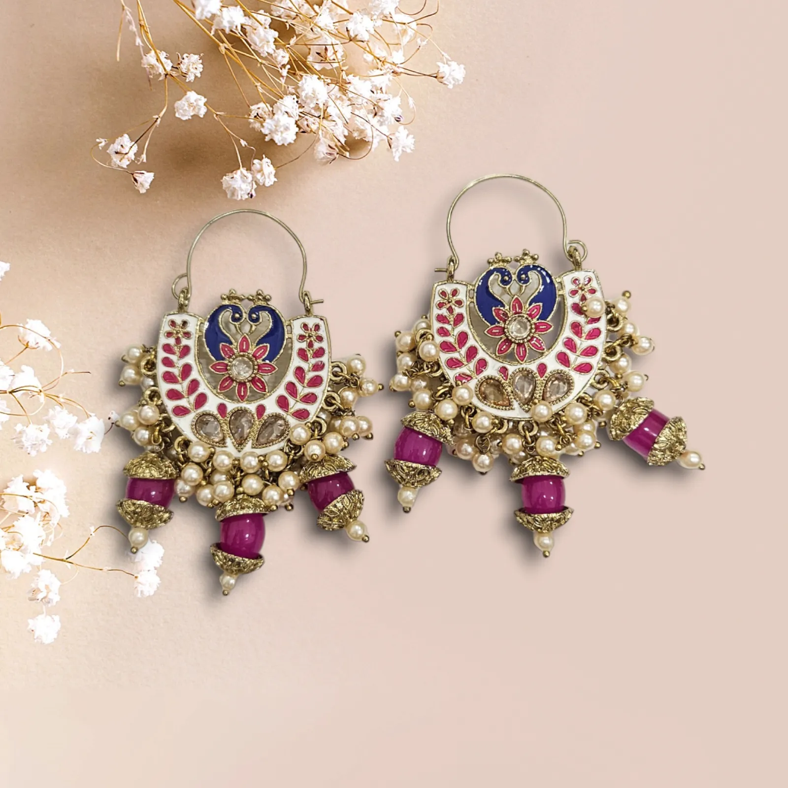 Hoop Styled meenakari Jhumka with peacock design-Maroon