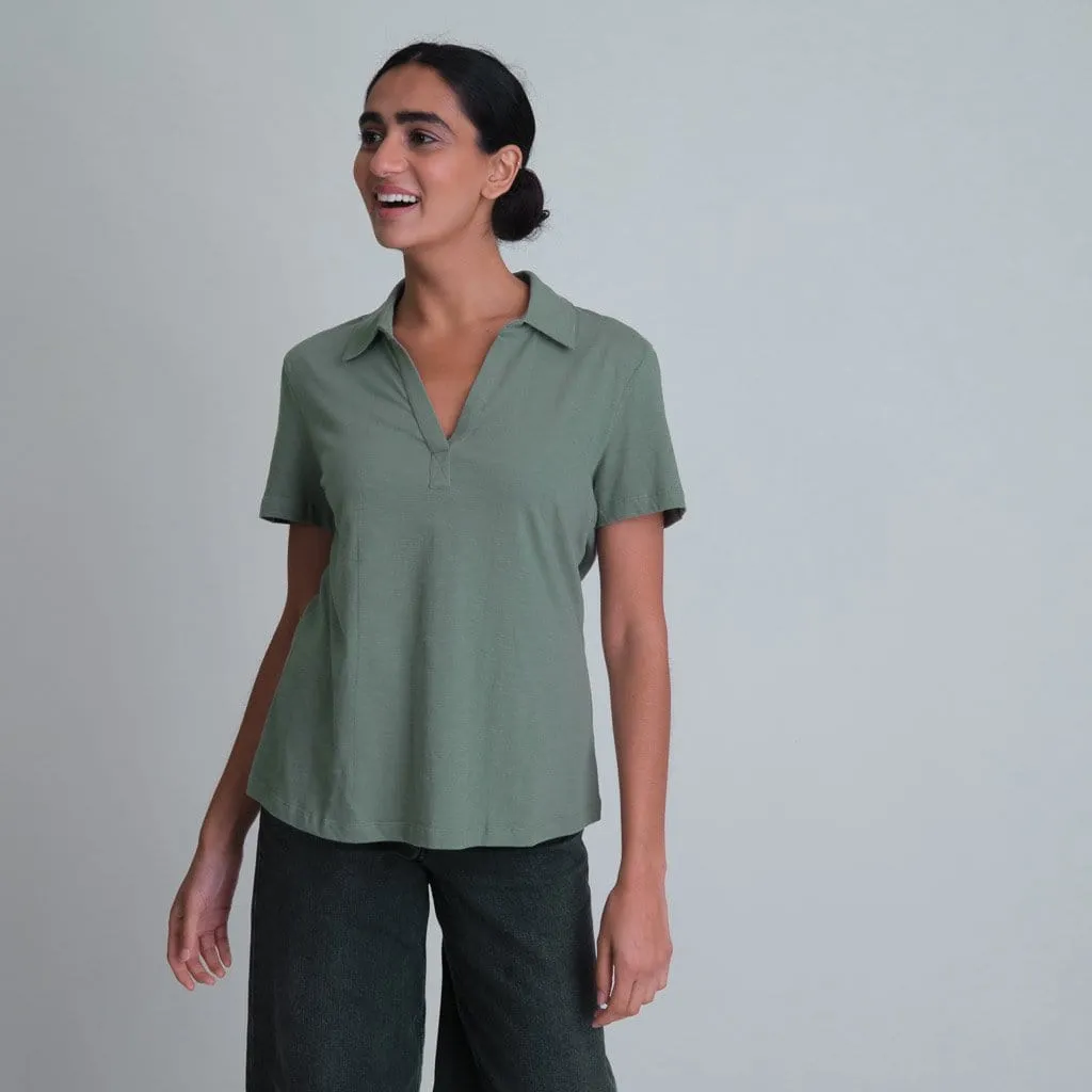 Josie Organic Cotton Jersey Polo Neck T | Olive