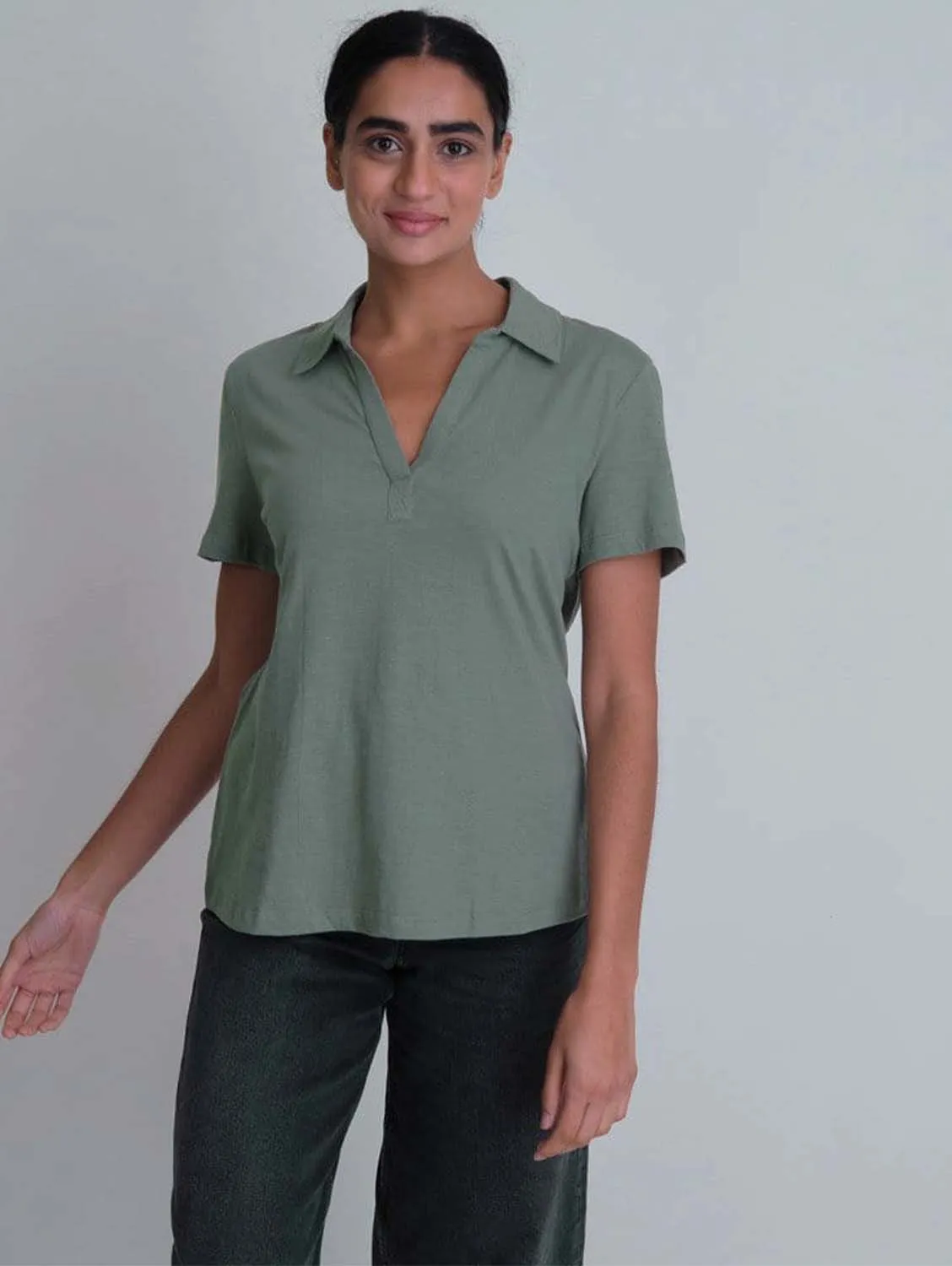 Josie Organic Cotton Jersey Polo Neck T | Olive