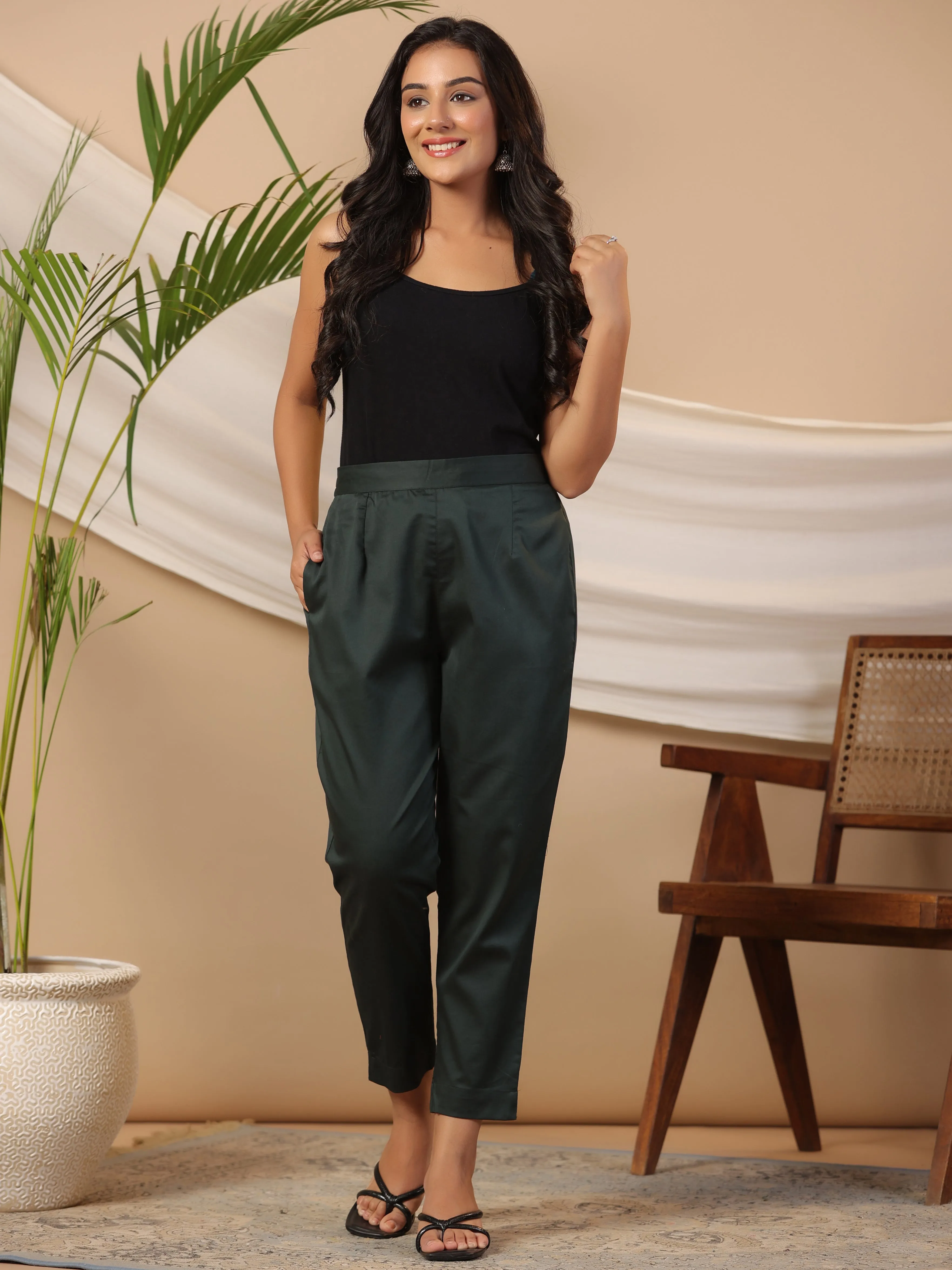 Juniper Jade Green Solid Lycra Women Drawstring Pants With Single Side Pocket