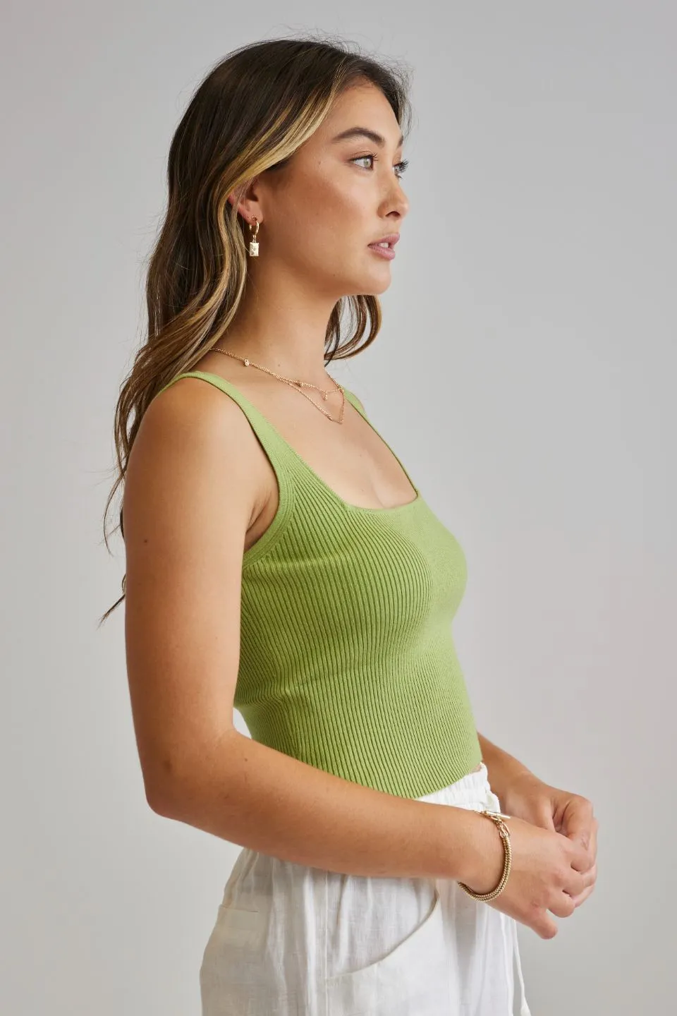 Juno Green Rib Knit Square Neck Tank