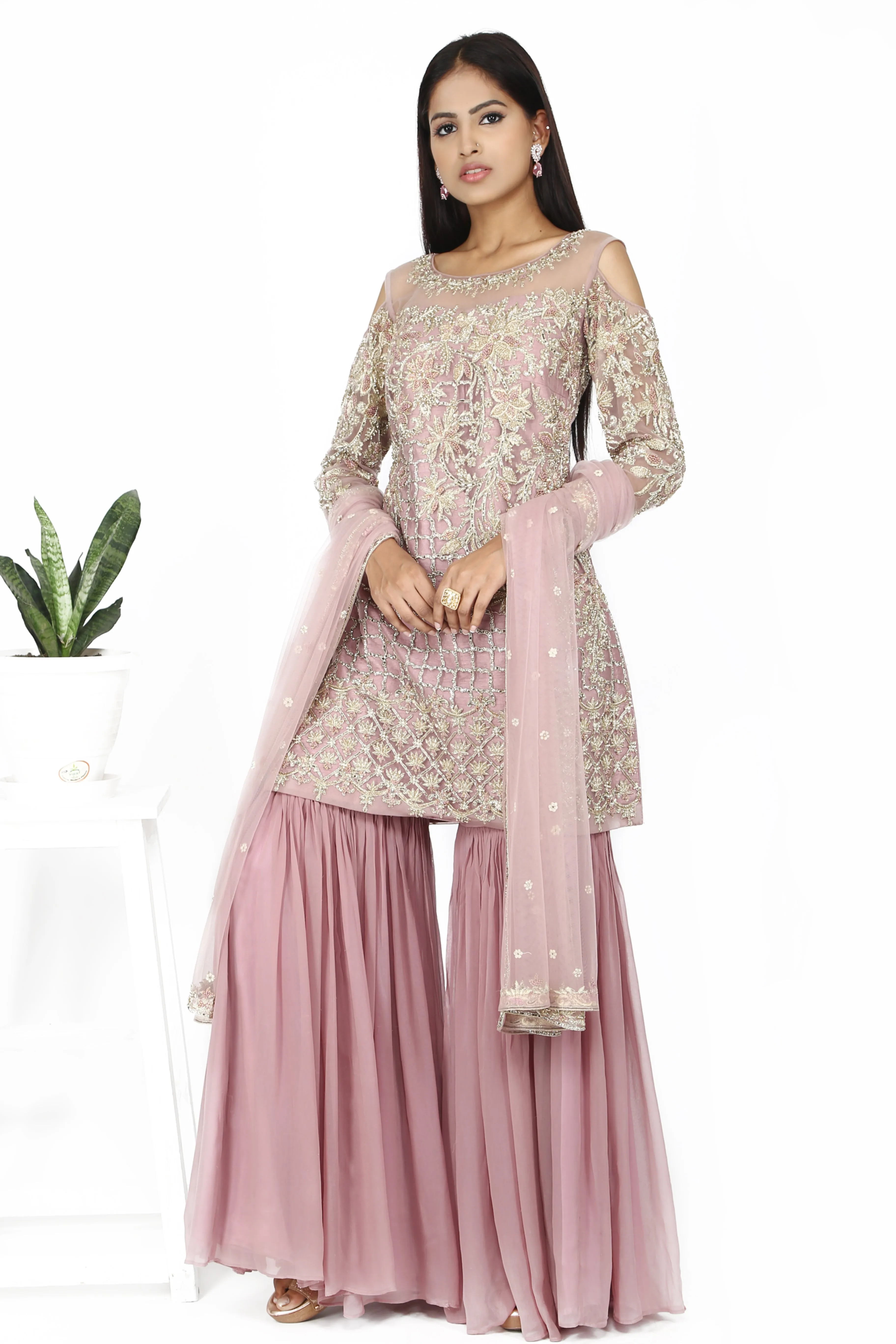 Lavender cold-shoulder sharara set.