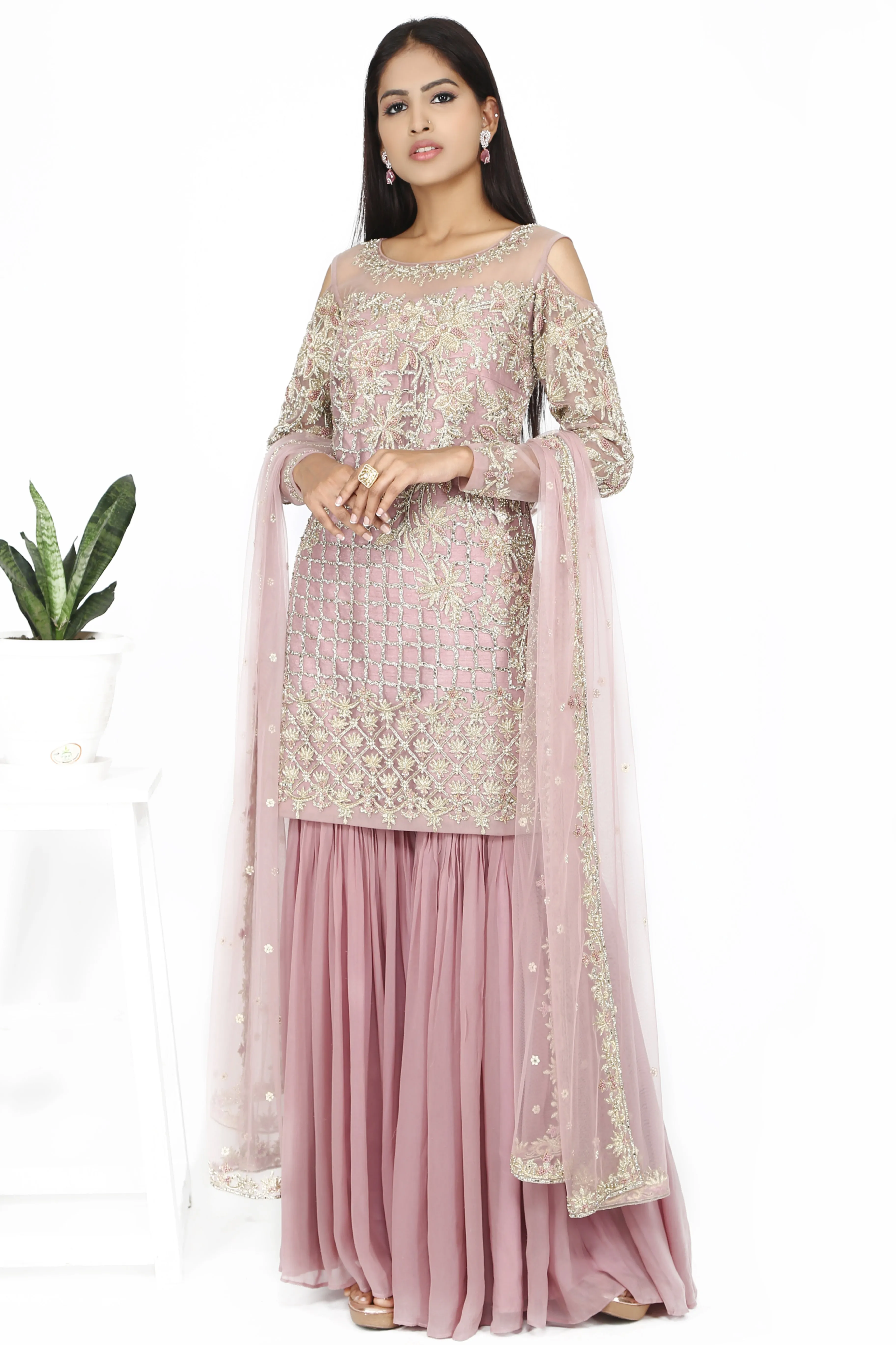 Lavender cold-shoulder sharara set.