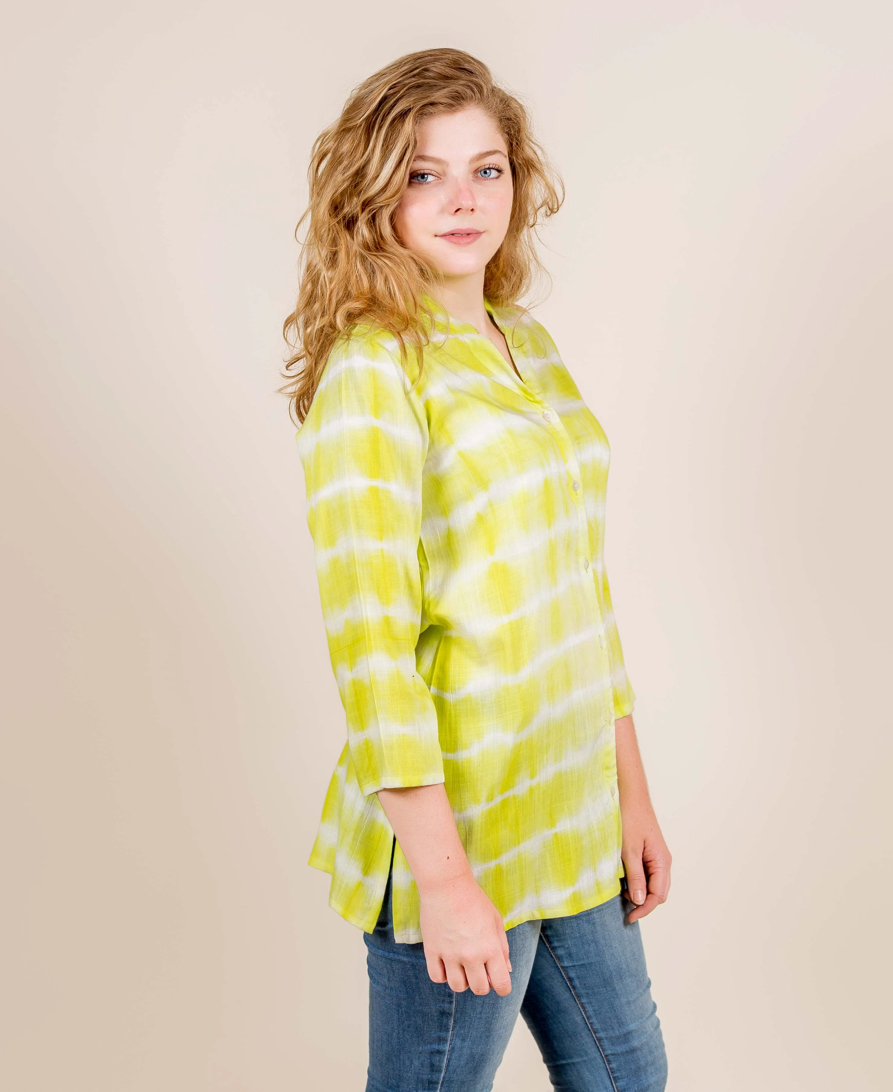 Lemon Tie And Dye Mandarin Short Kurti Top