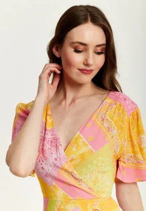 Liquorish Paisley Print Midi Wrap Dress In Yellow And Pink