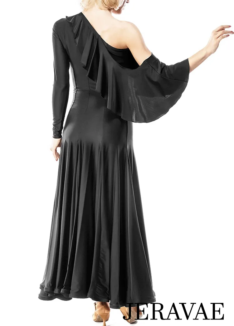 Long Black Lycra Ballroom Practice Dress with One Ruffle Sash off Shoulder Sizes S-3XL PRA 051