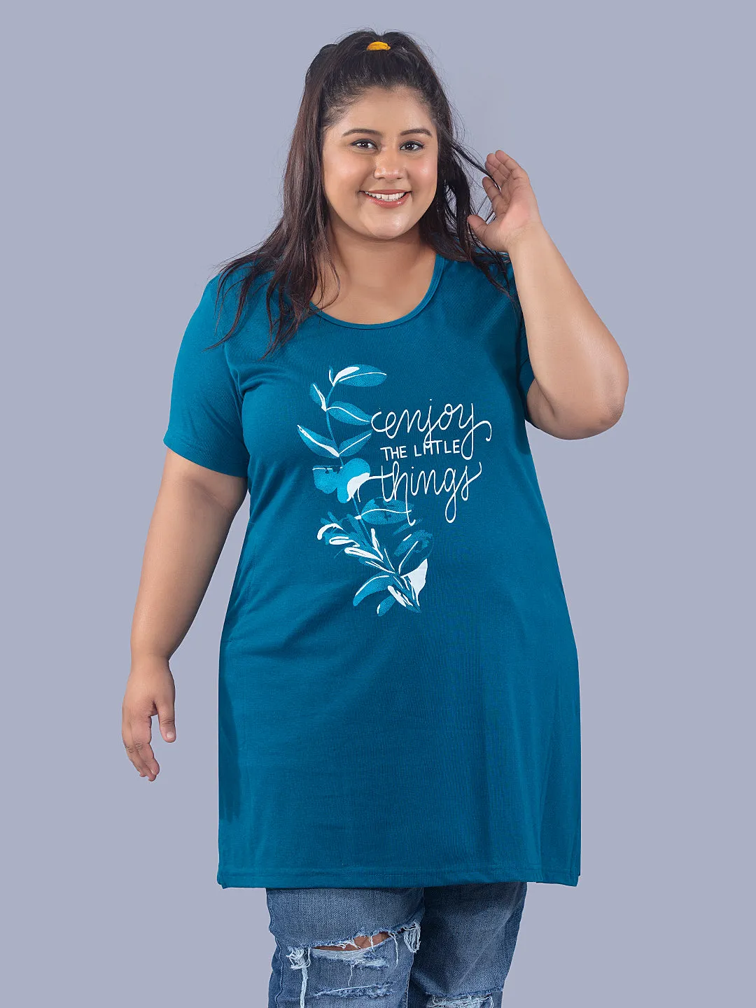 Long Line T-Shirt For Women -Half Sleeves- Teal Blue