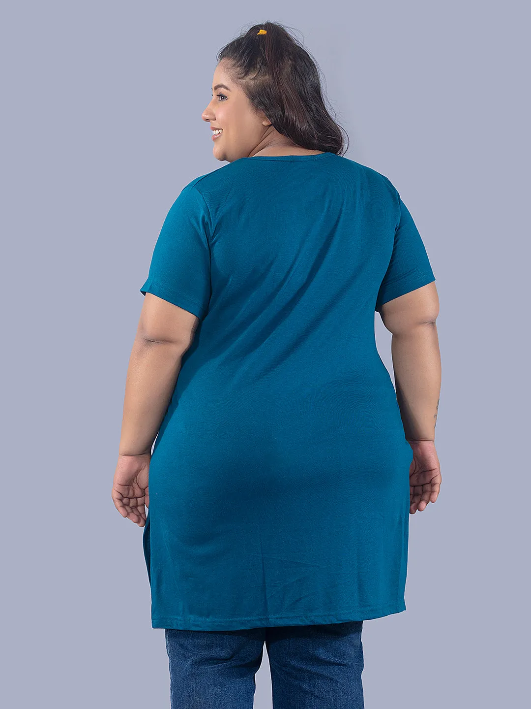 Long Line T-Shirt For Women -Half Sleeves- Teal Blue