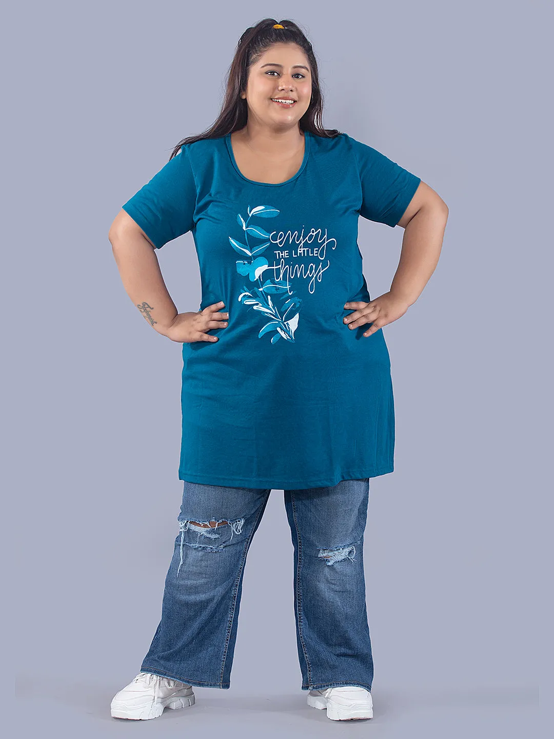 Long Line T-Shirt For Women -Half Sleeves- Teal Blue