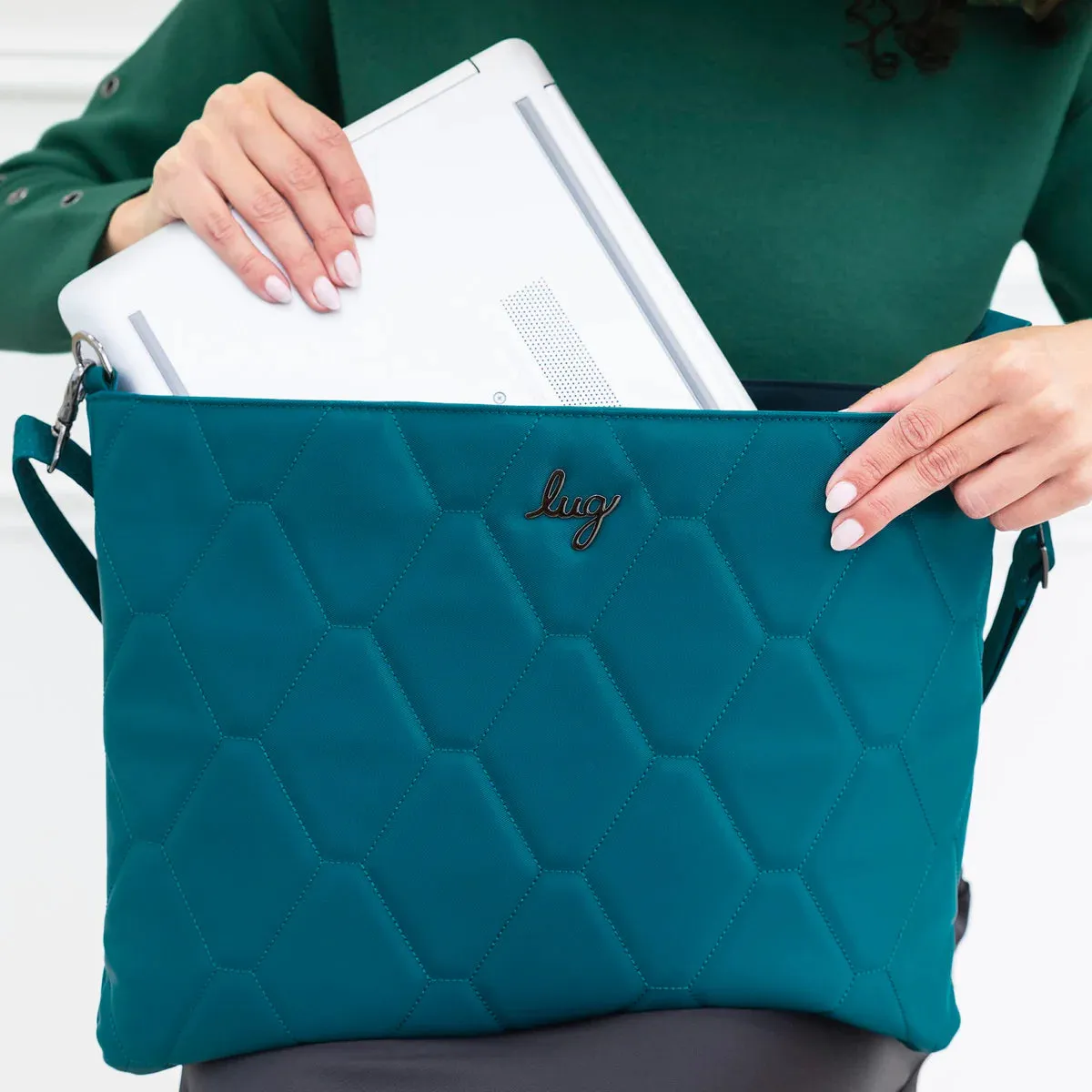 LUG Galley Satin Luxe VL Portfolio Crossbody Bag in Teal Satin