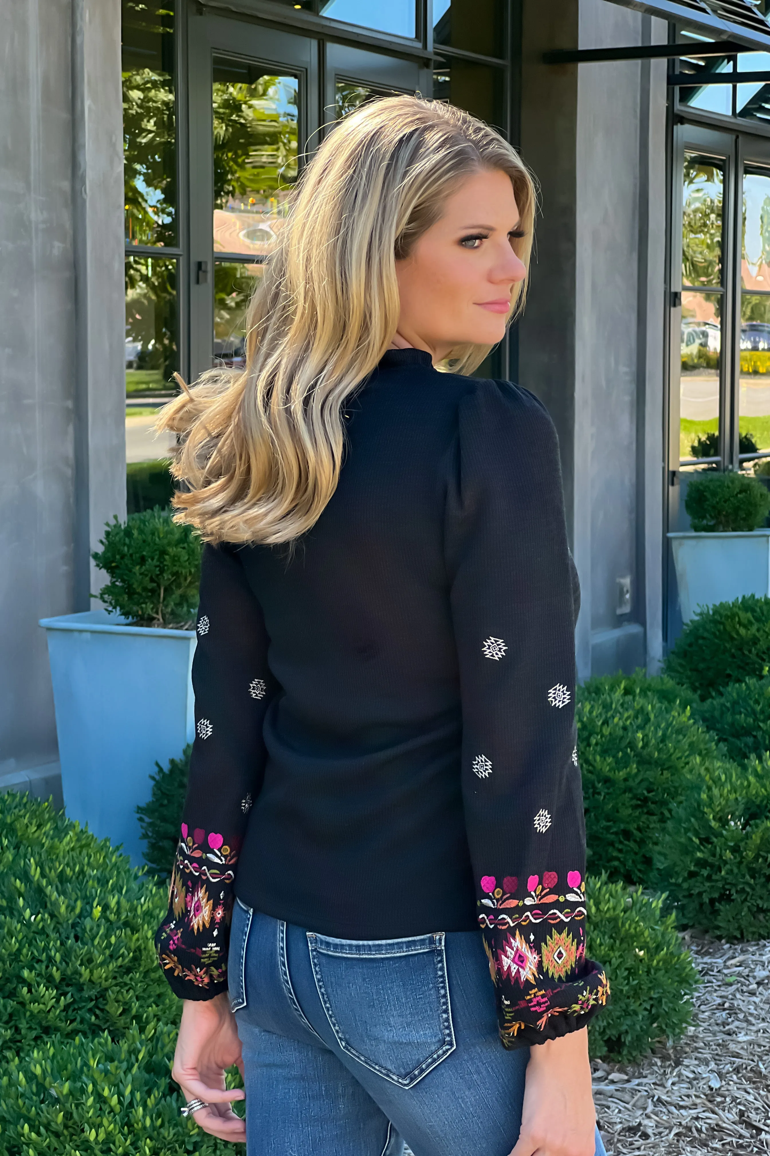 Maple Grove Embroidered Sleeve Knit Top : Black/Multi