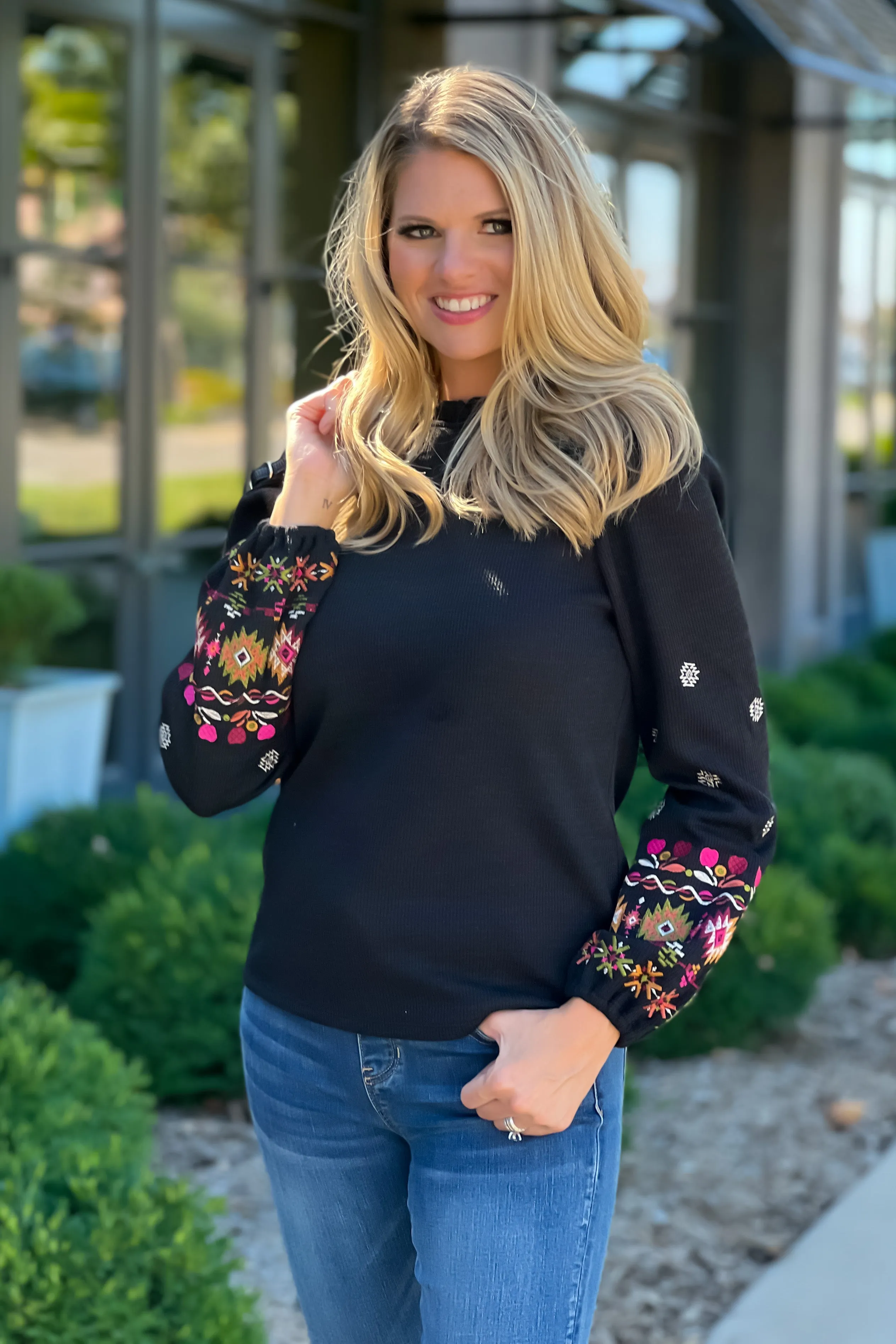 Maple Grove Embroidered Sleeve Knit Top : Black/Multi