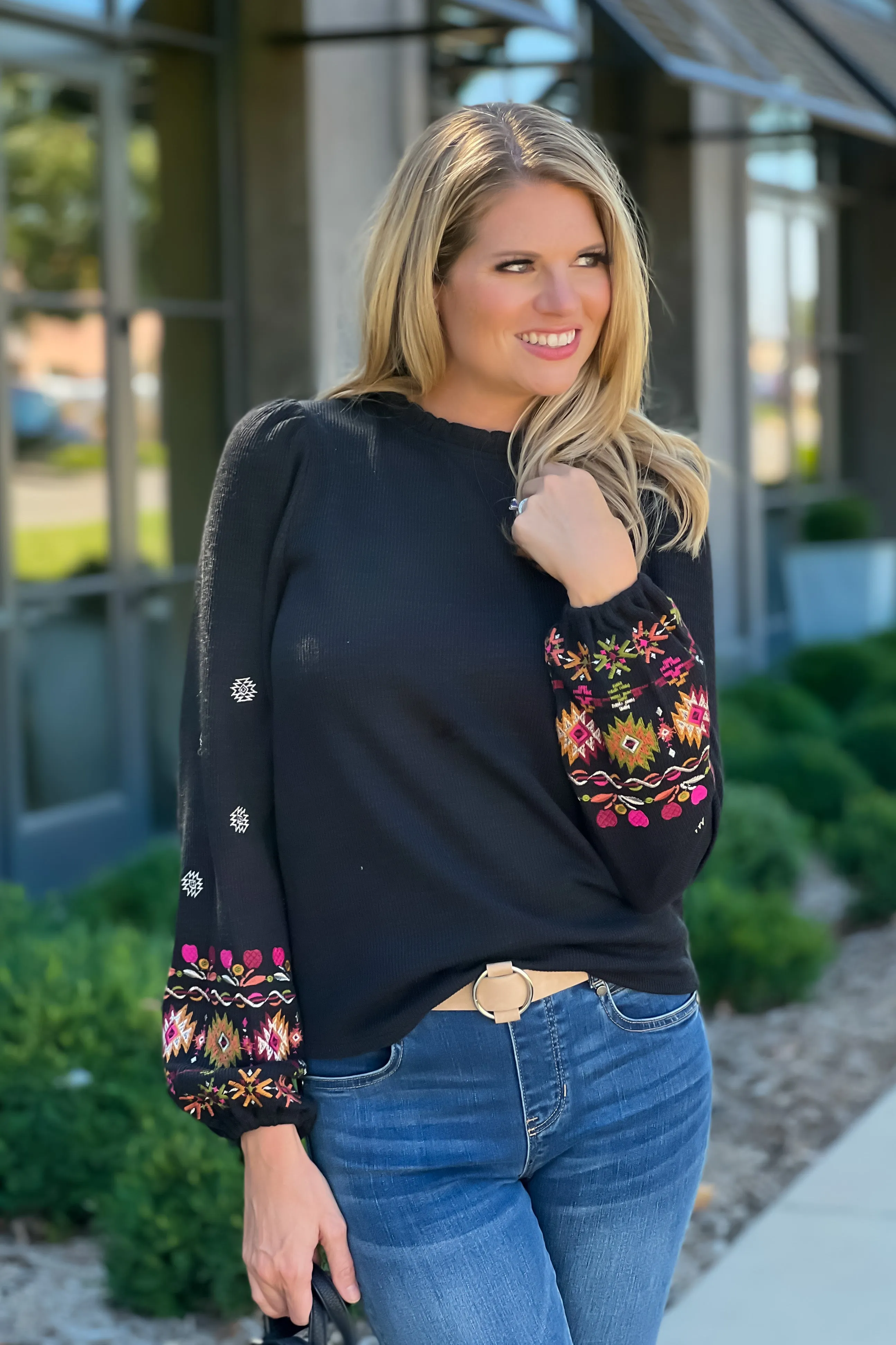 Maple Grove Embroidered Sleeve Knit Top : Black/Multi