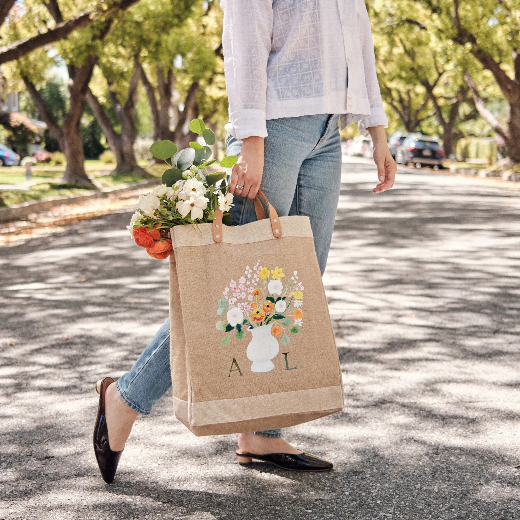 Market Bag in Natural Bouquet with White Vase by Amy Logsdon