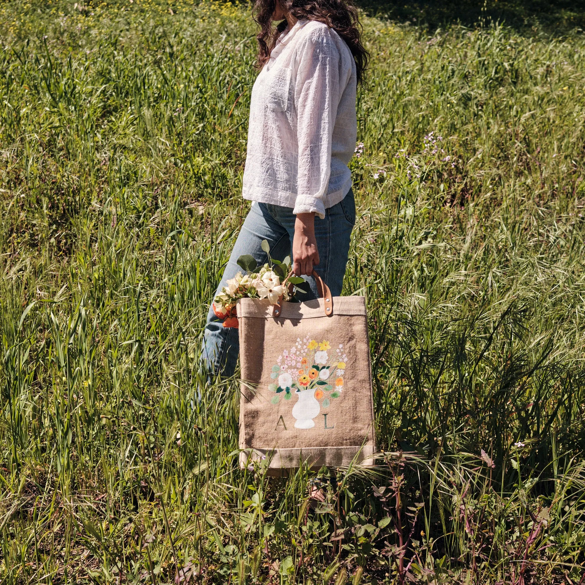 Market Bag in Natural Bouquet with White Vase by Amy Logsdon